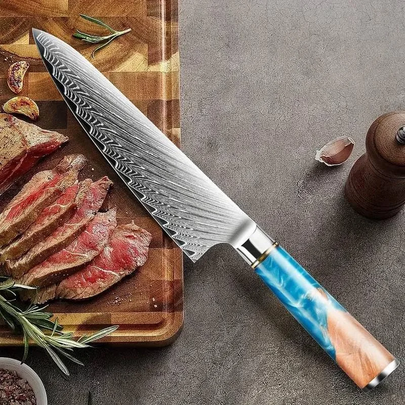 چاقوی آشپزخانه دمشقی 8 اینچی، ساخته شده از فولاد کربنی بالا VG10 با دسته چوبی رزینی ارگونومیک (چاقوی آشپز 8 اینچی) چاقوی آشپزخانه دمشقی 8 اینچی، ساخته شده از فولاد کربنی بالا VG10 با دسته چوبی رزینی ارگونومیک (چاقوی آشپز 8 اینچی)