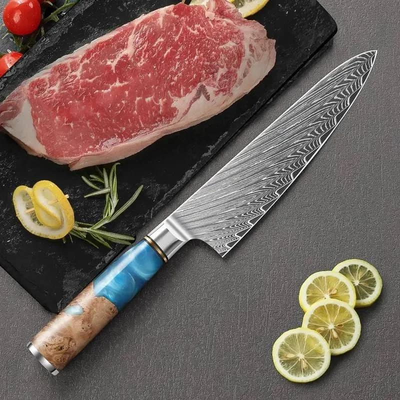 چاقوی آشپزخانه دمشقی 8 اینچی، ساخته شده از فولاد کربنی بالا VG10 با دسته چوبی رزینی ارگونومیک (چاقوی آشپز 8 اینچی) چاقوی آشپزخانه دمشقی 8 اینچی، ساخته شده از فولاد کربنی بالا VG10 با دسته چوبی رزینی ارگونومیک (چاقوی آشپز 8 اینچی)
