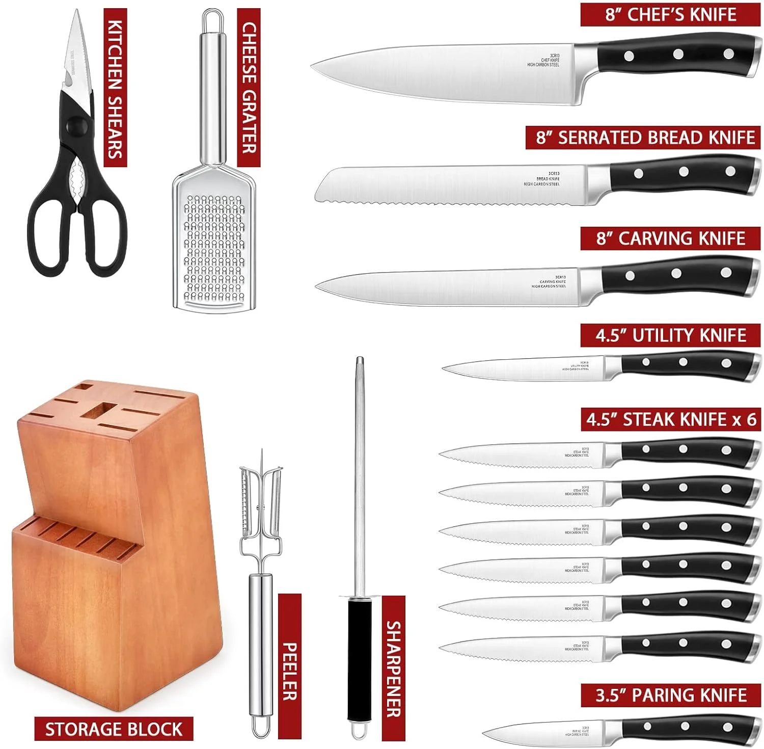 ست چاقوی آشپزخانه به همراه استند، ست ۱۶ پارچه چاقوی استیل ضد زنگ کربنی E-far شامل چاقوی سرآشپز، چندمنظوره، پوست کن، استیک، اره ای، نان و تیزکن، قیچی آشپزخانه، تیغه های آهنگری شده و یکپارچه