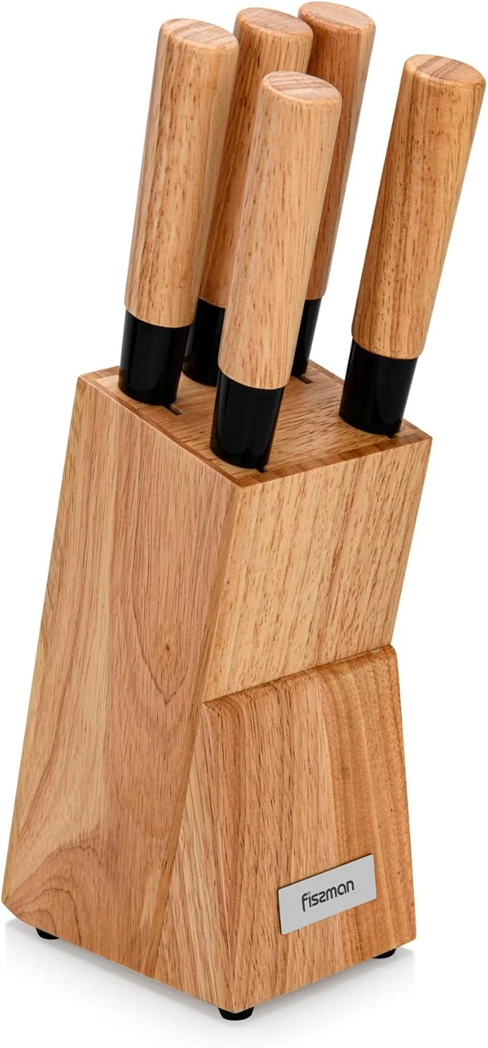 ست چاقوی آشپزخانه فیسمن با بلوک چوبی، ست چاقو 6 تکه، فولاد ضد زنگ X30Cr13 مدل پاسکوال، شامل چاقوی سرآشپز، چاقوی برش، چاقوی نان، چاقوی کاربردی، چاقوی پوست کنی