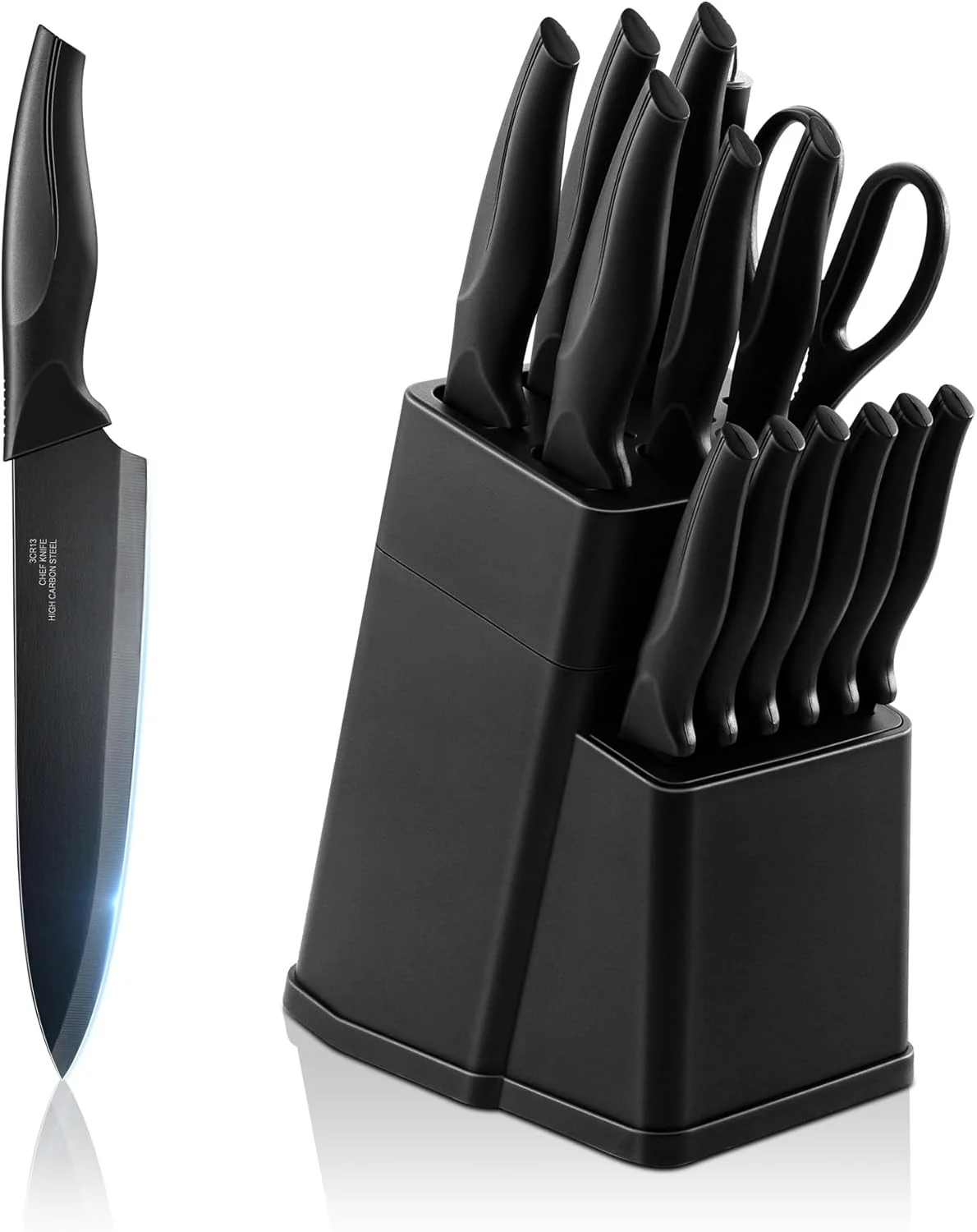 ست چاقوی آشپزخانه ای-فار با استند، 15 تکه، فولاد ضد زنگ کربنی، دسته های ارگونومیک، ضد زنگ، مشکی