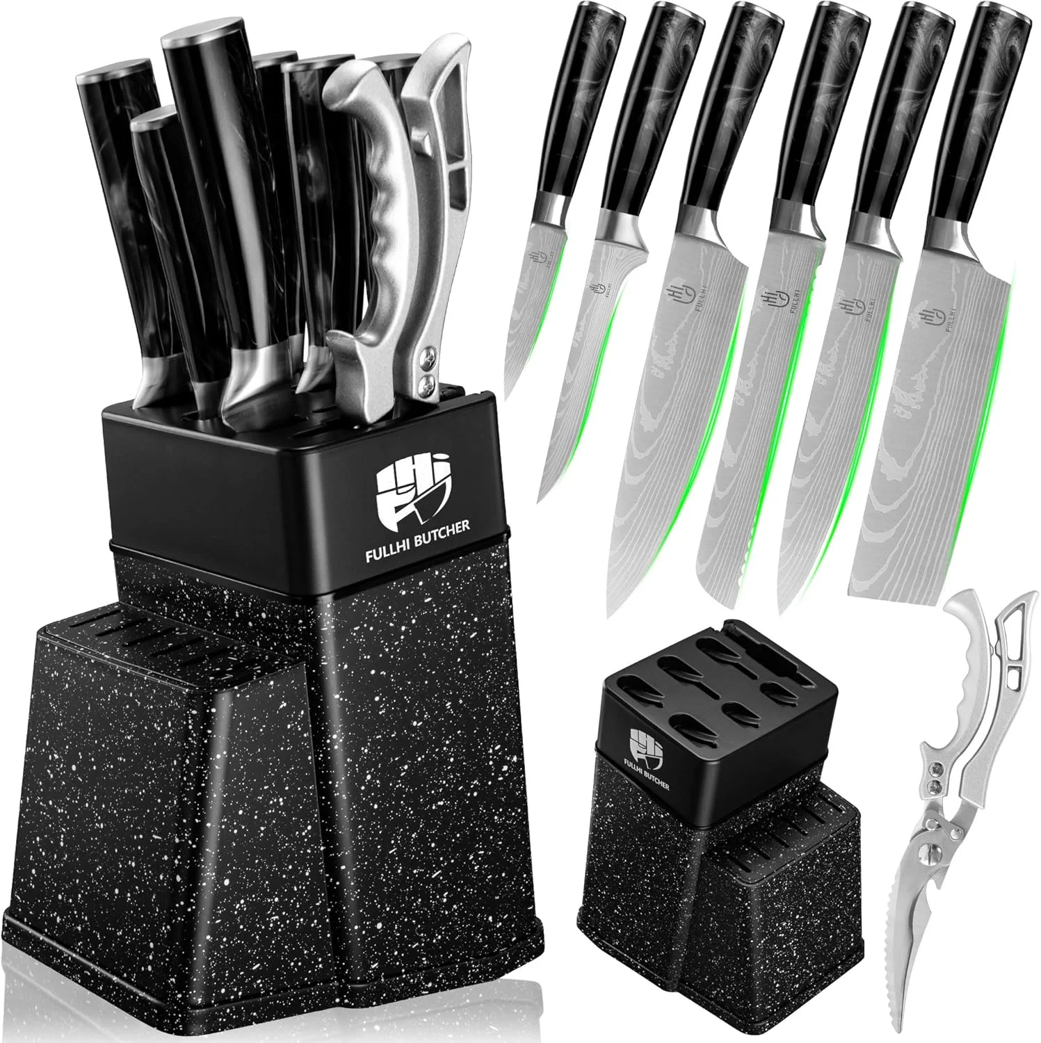 ست چاقوی آشپزخانه ۸ تکه فول هی، ست چاقو با استند و تیزکن، ست چاقوی آشپزخانه، دسته چند رنگ، هدیه برای آقایان و بانوان (رزین مشکی)