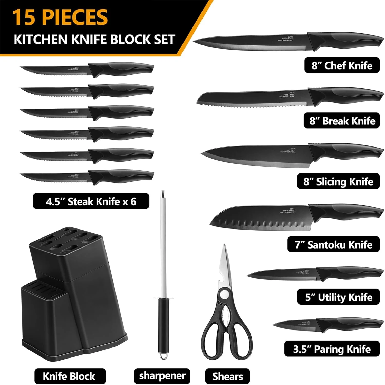 ست چاقوی آشپزخانه ای-فار با استند، 15 تکه، فولاد ضد زنگ کربنی، دسته های ارگونومیک، ضد زنگ، مشکی