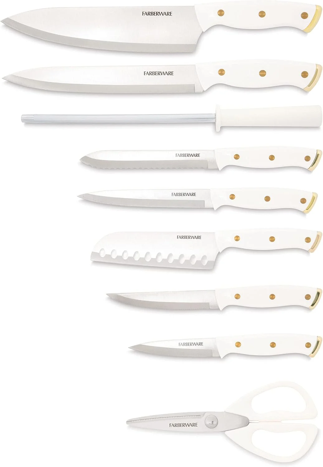 ست چاقوی 15 تکه فاربرور با پرچ سه گانه، چاقوهای آشپزخانه فولاد ضد زنگ با کربن بالا، ست چاقوی بسیار تیز با بلوک چوبی، سفید و طلایی