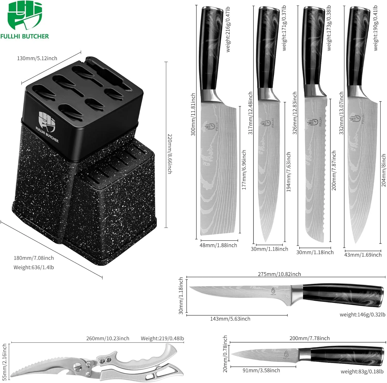 ست چاقوی آشپزخانه ۸ تکه فول هی، ست چاقو با استند و تیزکن، ست چاقوی آشپزخانه، دسته چند رنگ، هدیه برای آقایان و بانوان (رزین مشکی)
