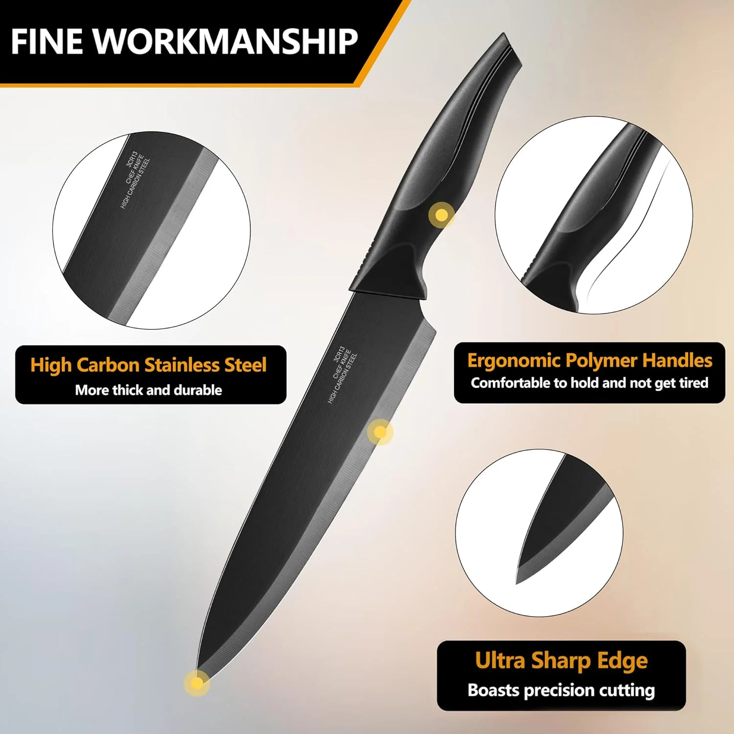 ست چاقوی آشپزخانه ای-فار با استند، 15 تکه، فولاد ضد زنگ کربنی، دسته های ارگونومیک، ضد زنگ، مشکی