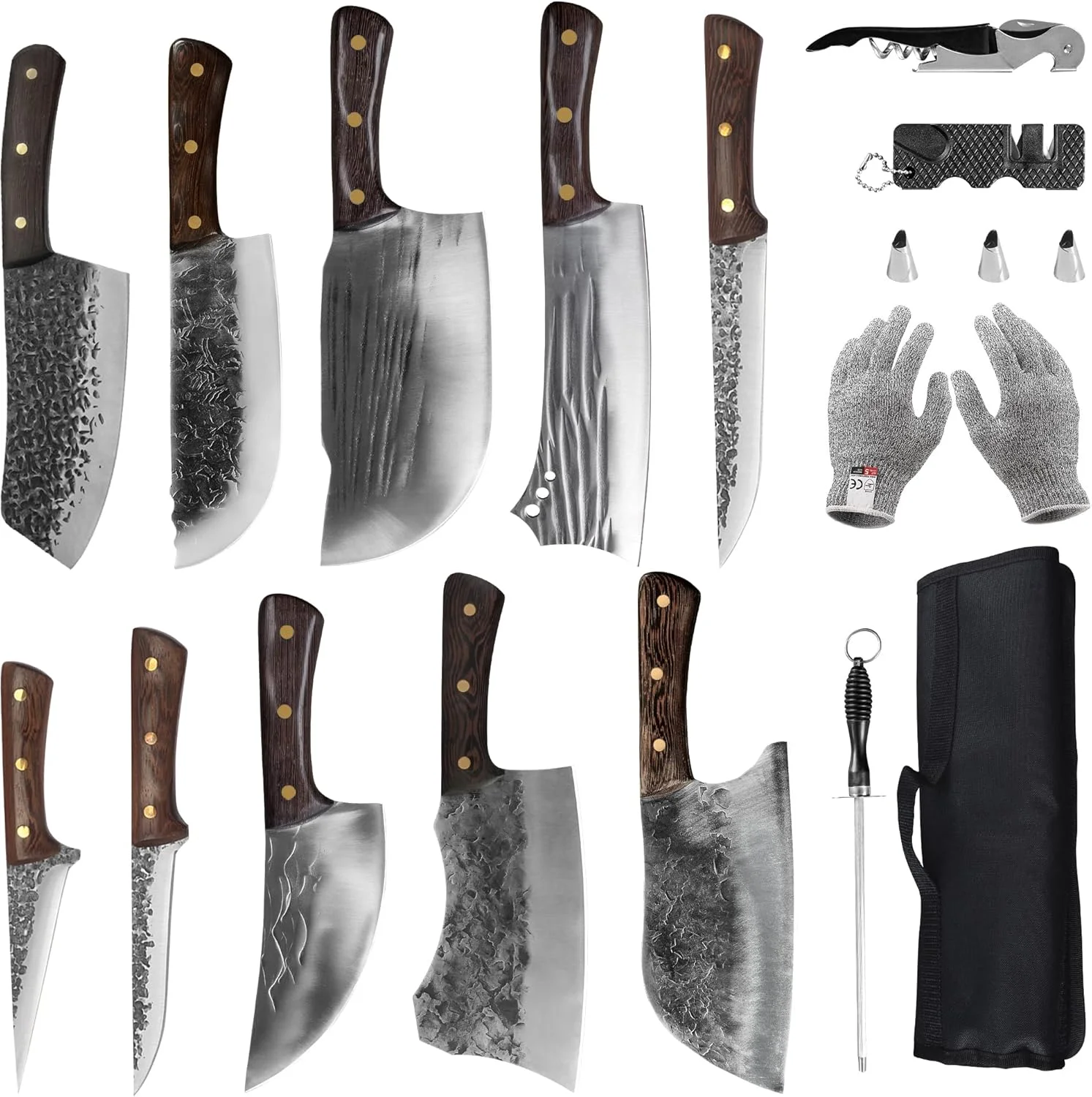 ست چاقوی آشپزی/قصابی ماهی 16 تکه فول‌هی، چاقوی استخوان‌گیری و حکاکی آهنگری دستی فولاد کربنی بالا با کیف رولی چاقو برای آشپزخانه، کمپینگ، باربیکیو