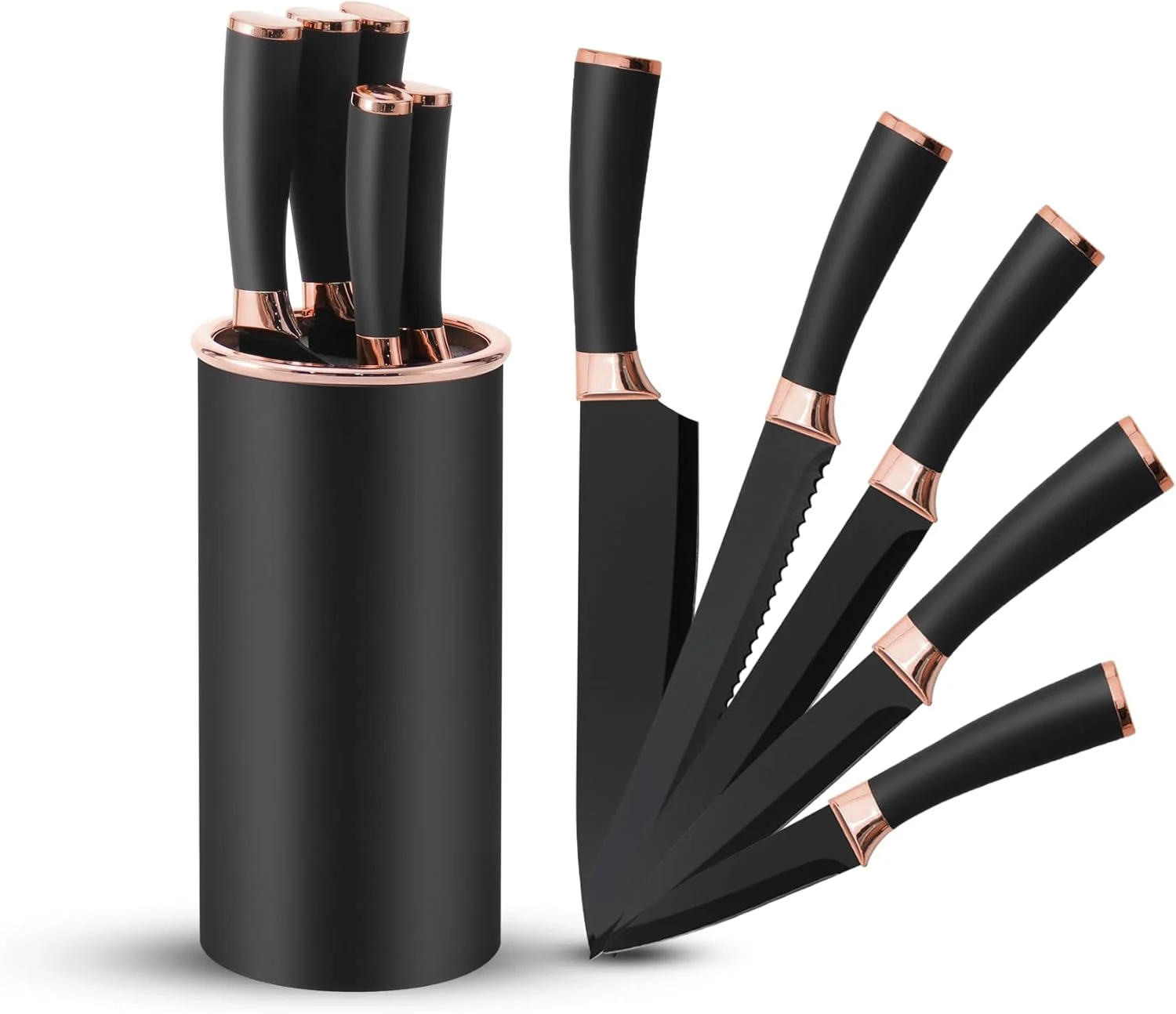 ست چاقوی 6 تکه مشکی و رزگلد، تیغه استیل ضد زنگ بسیار تیز با دسته PP، چاقوهای آشپزی ضد لغزش با پایه، مناسب برای خانه و رستوران