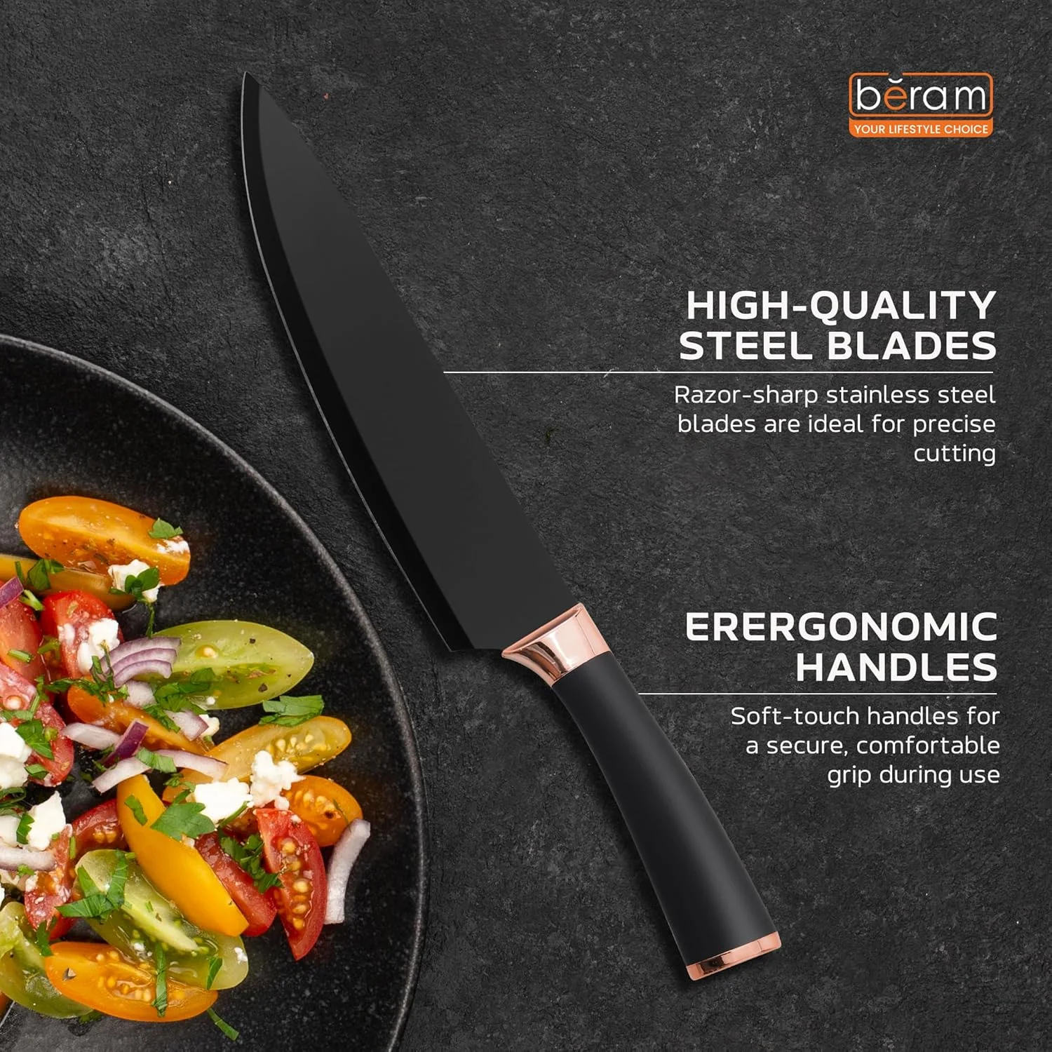 ست چاقوی 6 تکه مشکی و رزگلد، تیغه استیل ضد زنگ بسیار تیز با دسته PP، چاقوهای آشپزی ضد لغزش با پایه، مناسب برای خانه و رستوران