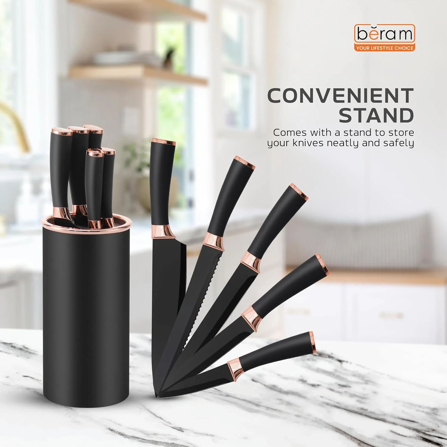 ست چاقوی 6 تکه مشکی و رزگلد، تیغه استیل ضد زنگ بسیار تیز با دسته PP، چاقوهای آشپزی ضد لغزش با پایه، مناسب برای خانه و رستوران