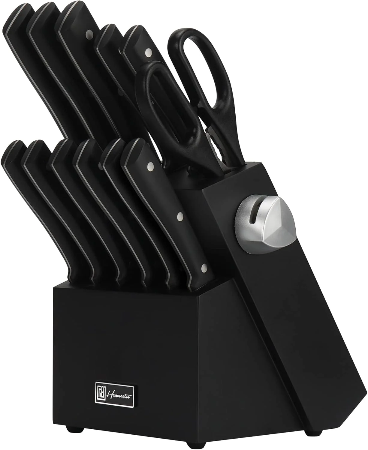 ست چاقوی آشپزخانه، 13 تکه ست چاقوی استیل ضد زنگ برای آشپزخانه با پایه، قیچی آشپزخانه، چاقوی تیز آشپزخانه برای خانه و رستوران ها، بسته بندی شده در جعبه، مشکی شیک.