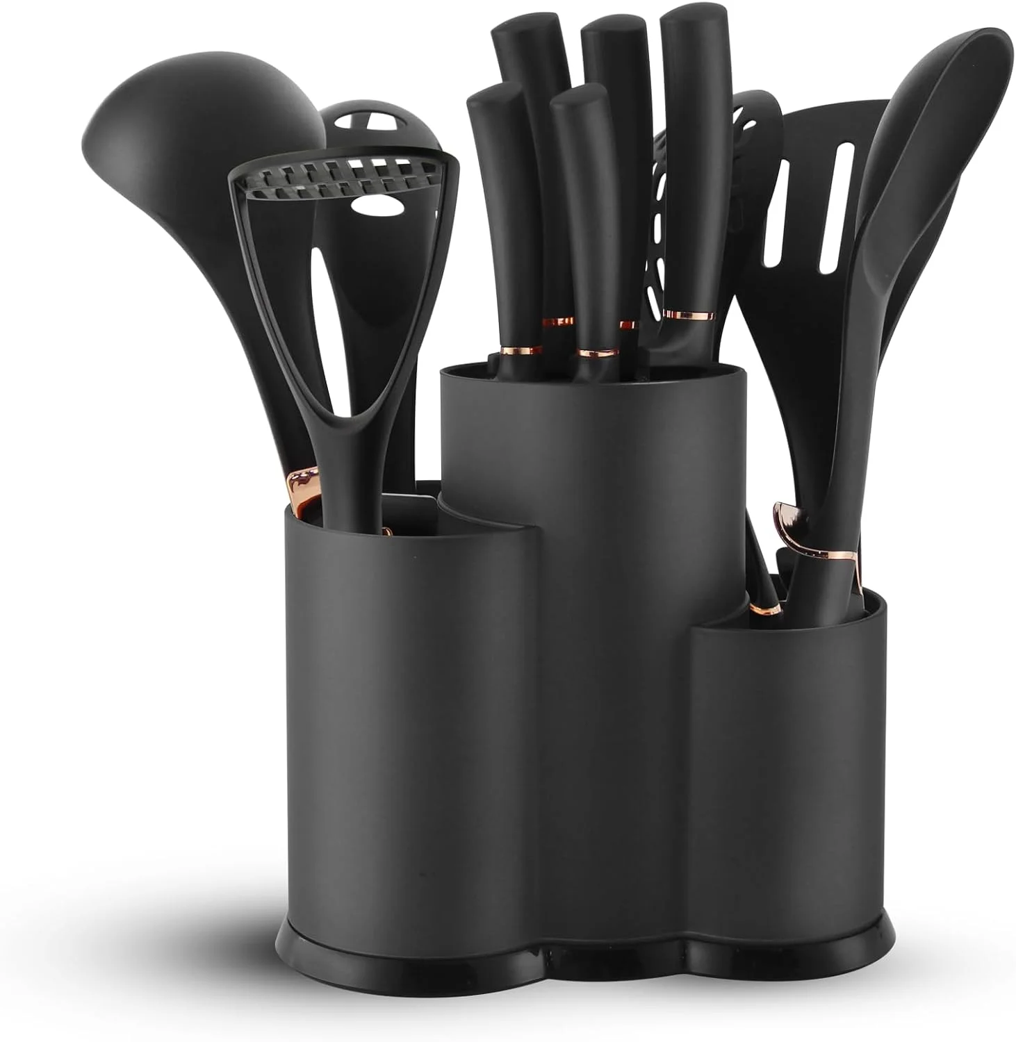 ست 12 تکه چاقوی آشپزخانه هاوس رولاند، تیغه های استیل ضد زنگ، دسته های ارگونومیک، پایه نگهداری شیک، ست ابزار آشپزی نچسب و کارد و چنگال با جای قاشق داخلی (مشکی)