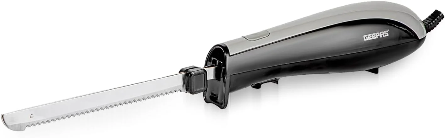 چاقوی برقی 150 واتی Geepas - چاقوی برش دندانه دار - قابلیت برش بوقلمون، گوشت، نان، سبزیجات، میوه ها، ژامبون و گوشت گاو پخته شده - دکمه شروع تکی و دکمه خروج (مشکی و خاکستری)