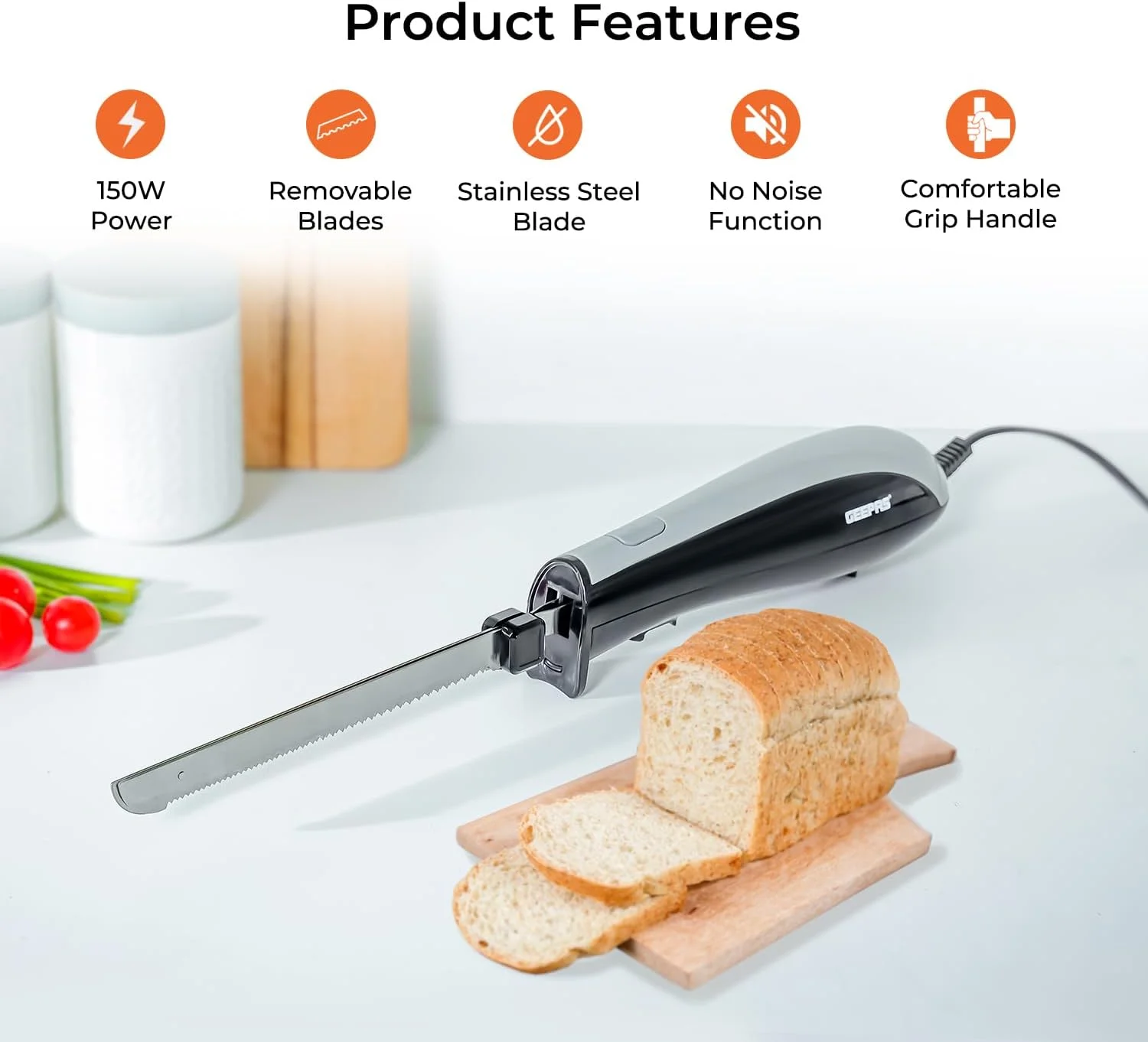 چاقوی برقی 150 واتی Geepas - چاقوی برش دندانه دار - قابلیت برش بوقلمون، گوشت، نان، سبزیجات، میوه ها، ژامبون و گوشت گاو پخته شده - دکمه شروع تکی و دکمه خروج (مشکی و خاکستری)