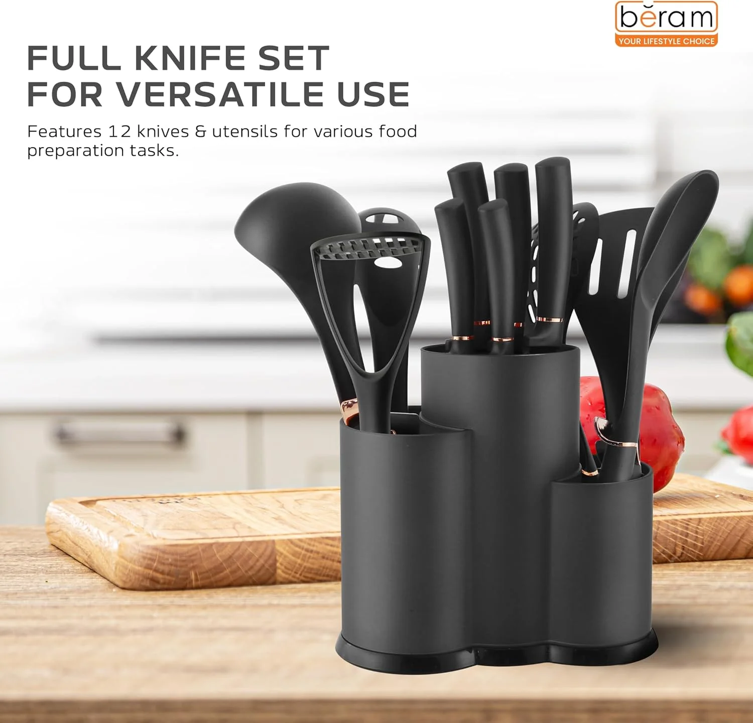 ست 12 تکه چاقوی آشپزخانه هاوس رولاند، تیغه های استیل ضد زنگ، دسته های ارگونومیک، پایه نگهداری شیک، ست ابزار آشپزی نچسب و کارد و چنگال با جای قاشق داخلی (مشکی)