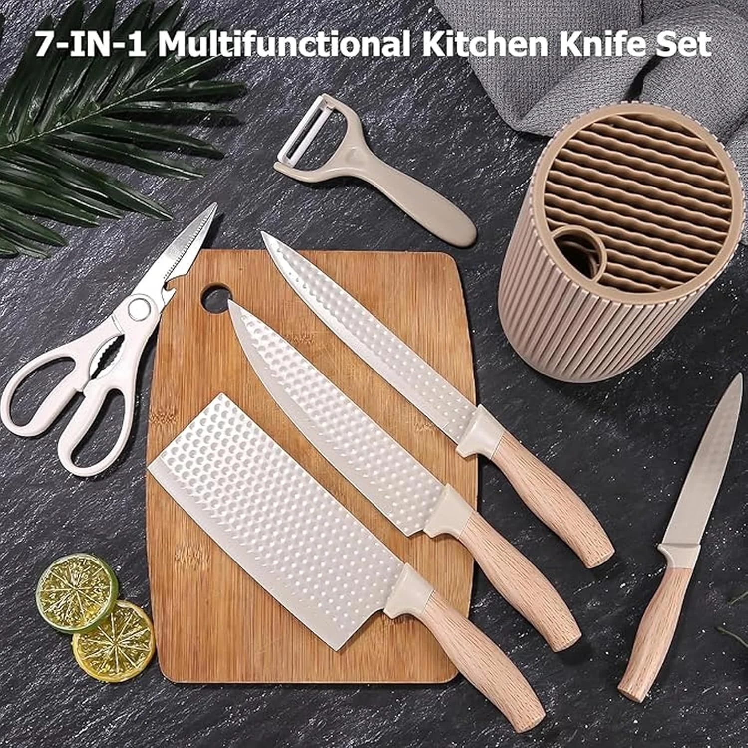 ست چاقوی آشپزخانه 6 تکه سیب طلایی، ست چاقوی آشپزخانه با بلوک جهانی، تیغه های استیل ضد زنگ نچسب، ضد زنگ، کیفیت حرفه ای برای خانه و رستوران، چاقوهای تیز آشپزخانه (بزرگ)