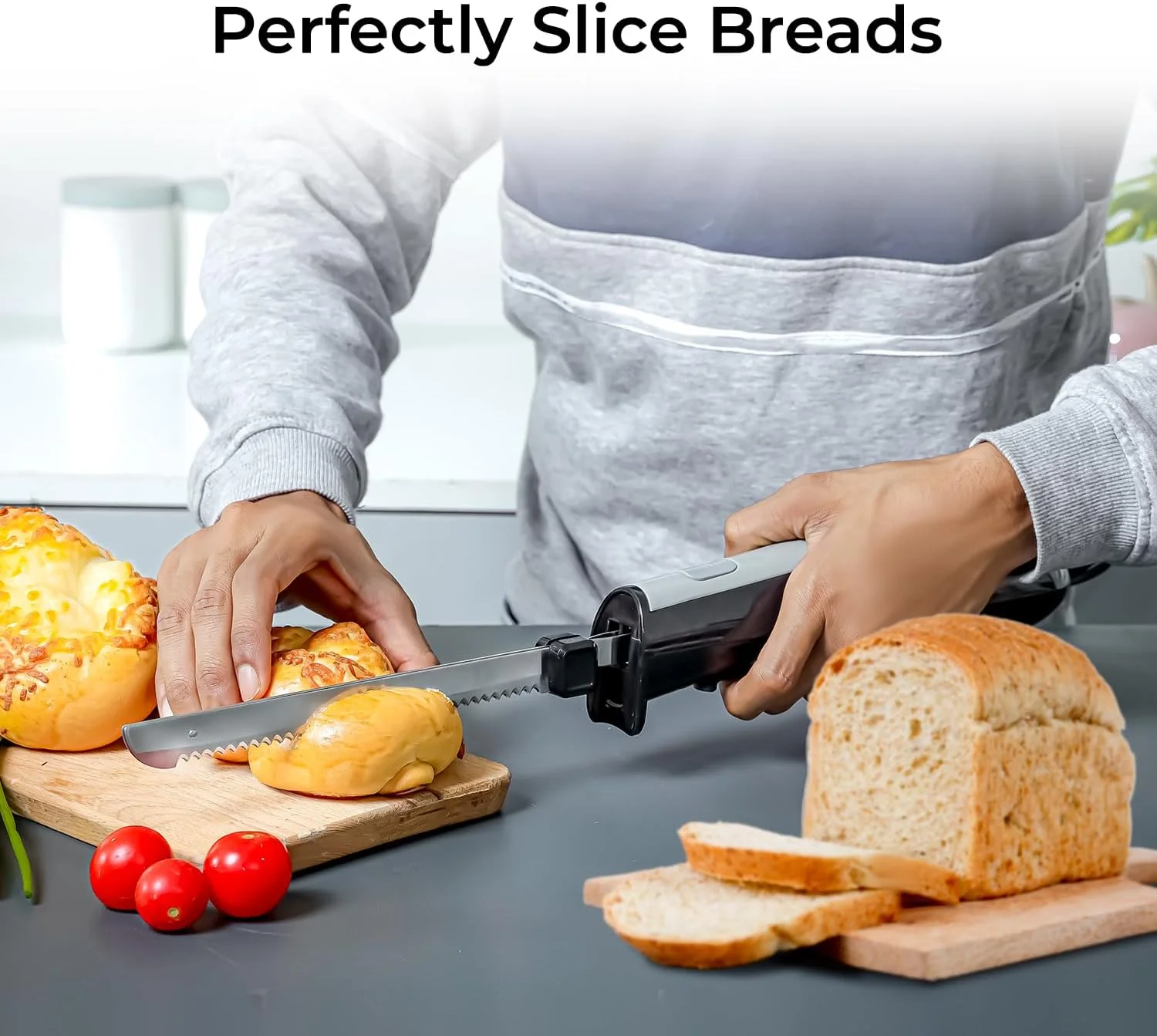 چاقوی برقی 150 واتی Geepas - چاقوی برش دندانه دار - قابلیت برش بوقلمون، گوشت، نان، سبزیجات، میوه ها، ژامبون و گوشت گاو پخته شده - دکمه شروع تکی و دکمه خروج (مشکی و خاکستری)