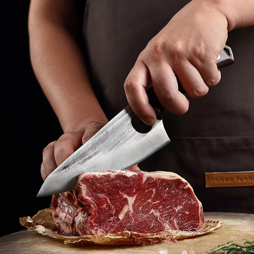ست چاقوی قصابی 6 تکه KAPEICamper با غلاف، چاقوی سرآشپز آهنگری شده با دست، چاقوی استخوان بر، چاقوی برش گوشت فولاد کربنی بالا برای آشپزخانه، کمپینگ و باربیکیو