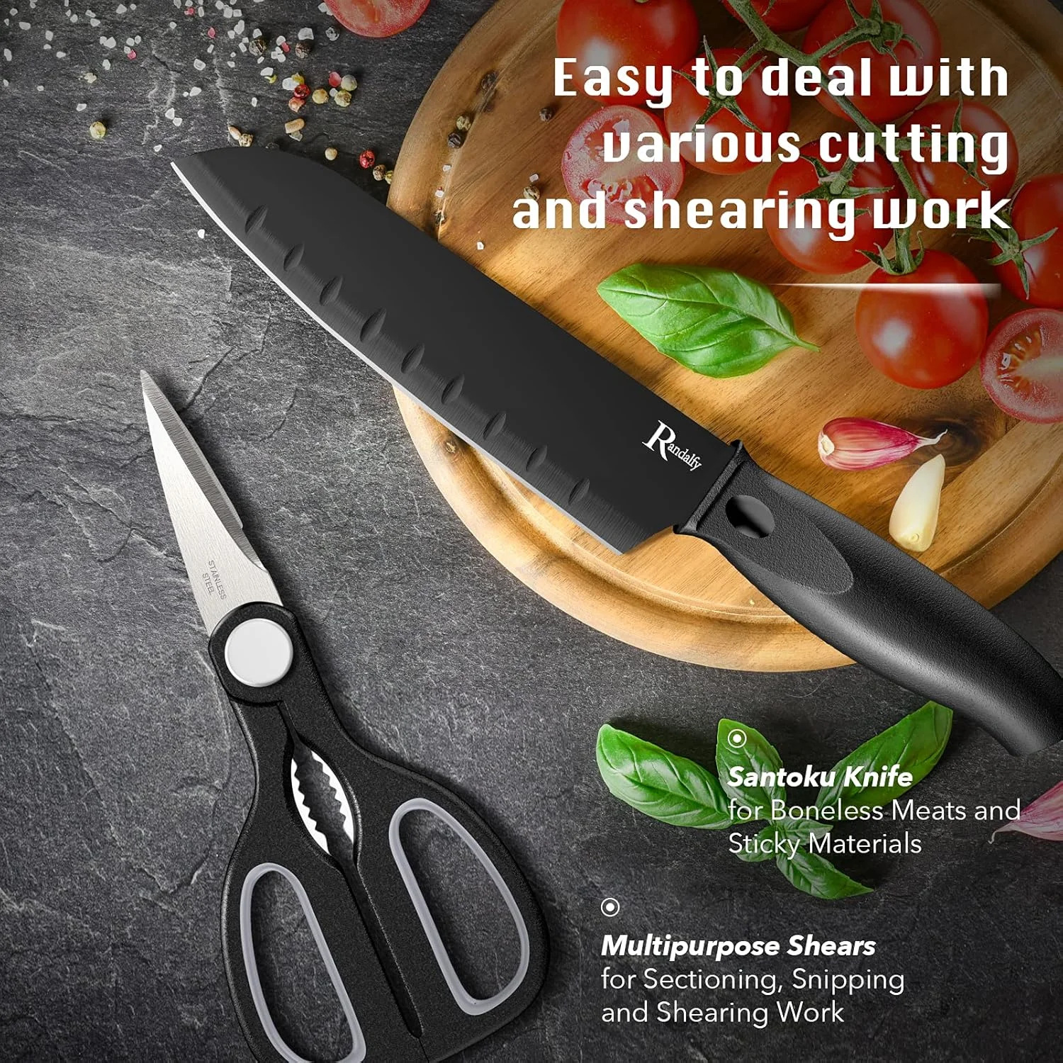 ست چاقوی آشپزخانه با استند - ست ۷ تکه حرفه ای شامل چاقو، قیچی و استند برای خرد کردن، ورقه کردن، نگینی کردن و برش گوشت/سبزیجات/میوه، مشکی