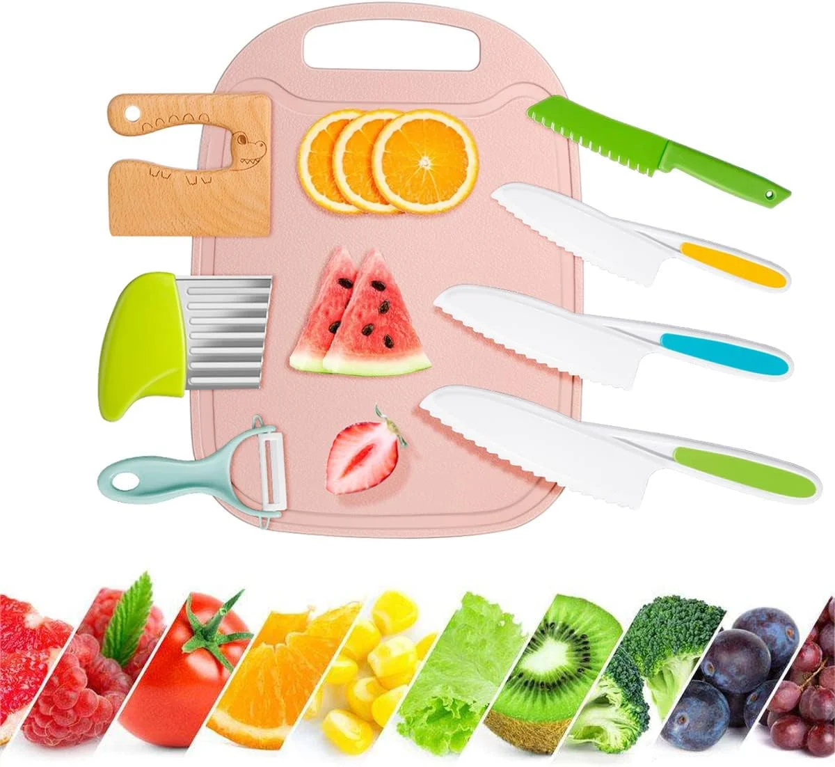 ست 8 تکه چاقوی آشپزخانه چوبی کودکانه برای آشپزی واقعی، ست چاقو آشپزی شامل 4 عدد چاقوی پلاستیکی دندانه دار، چاقوی ایمن چوبی کودک، برش دهنده کنگره ای، پوست کن Y و تخته برش از Giveme5