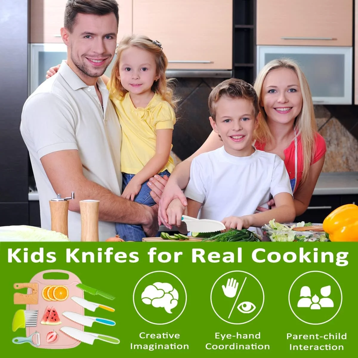 ست 8 تکه چاقوی آشپزخانه چوبی کودکانه برای آشپزی واقعی، ست چاقو آشپزی شامل 4 عدد چاقوی پلاستیکی دندانه دار، چاقوی ایمن چوبی کودک، برش دهنده کنگره ای، پوست کن Y و تخته برش از Giveme5