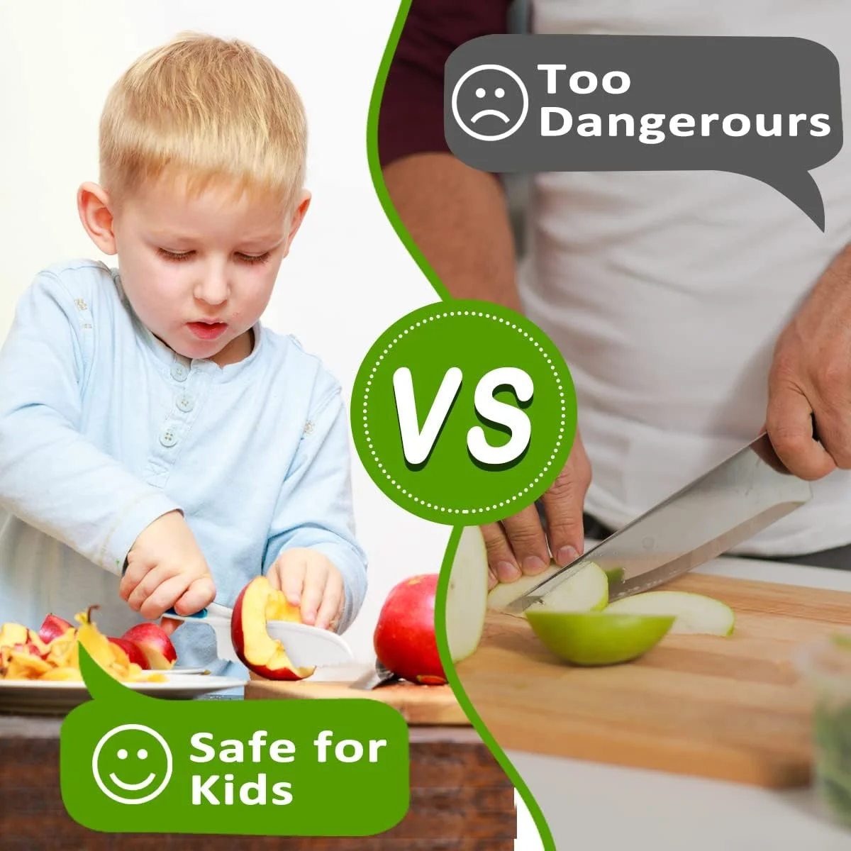 ست 8 تکه چاقوی آشپزخانه چوبی کودکانه برای آشپزی واقعی، ست چاقو آشپزی شامل 4 عدد چاقوی پلاستیکی دندانه دار، چاقوی ایمن چوبی کودک، برش دهنده کنگره ای، پوست کن Y و تخته برش از Giveme5