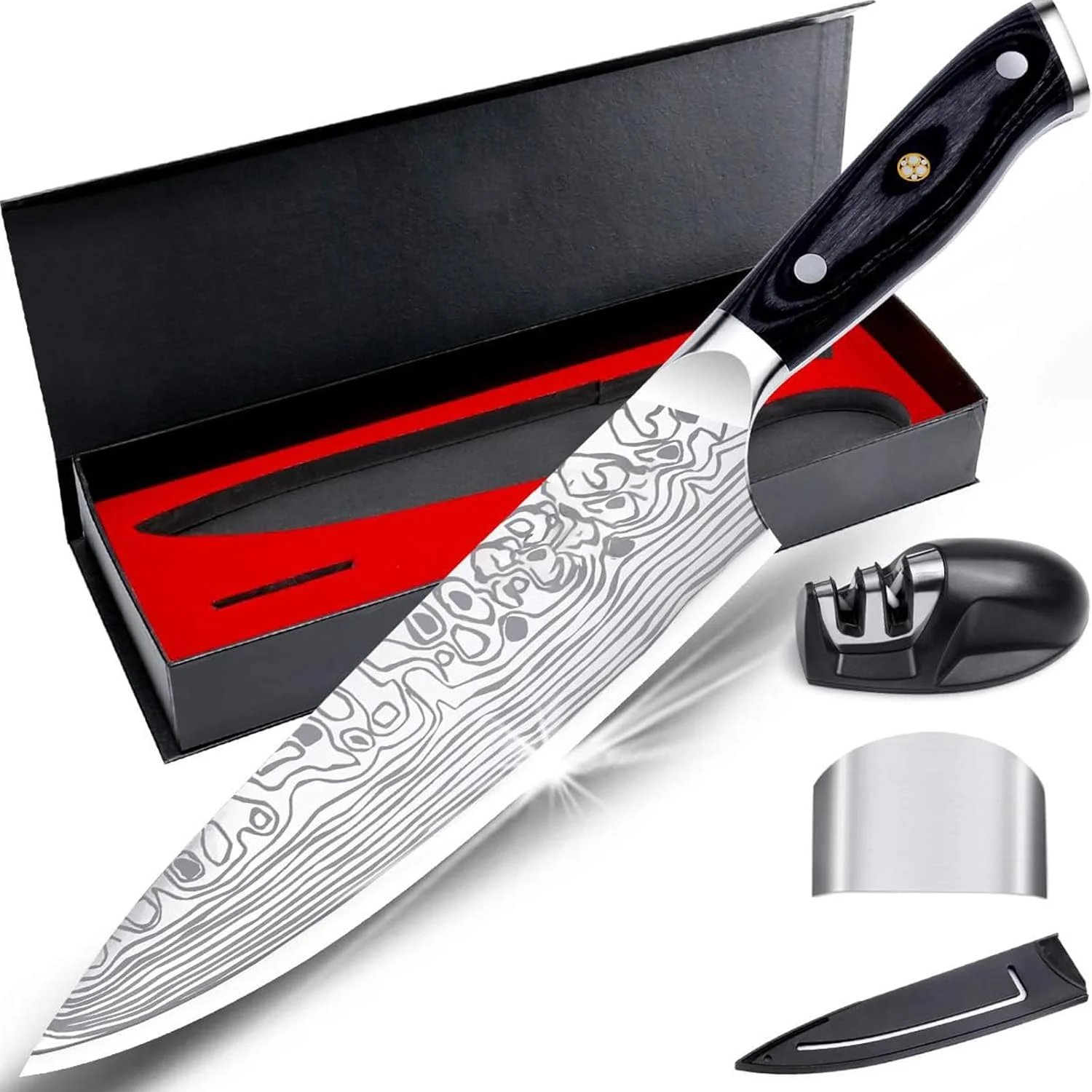 چاقوی آشپزخانه فوق العاده تیز حرفه ای KAPEICamper سایز 8 اینچ به همراه محافظ انگشت و تیزکن چاقو، فولاد ضد زنگ آلمانی با کربن بالا، دسته میکارتا و جعبه هدیه (20 سانتی متر)