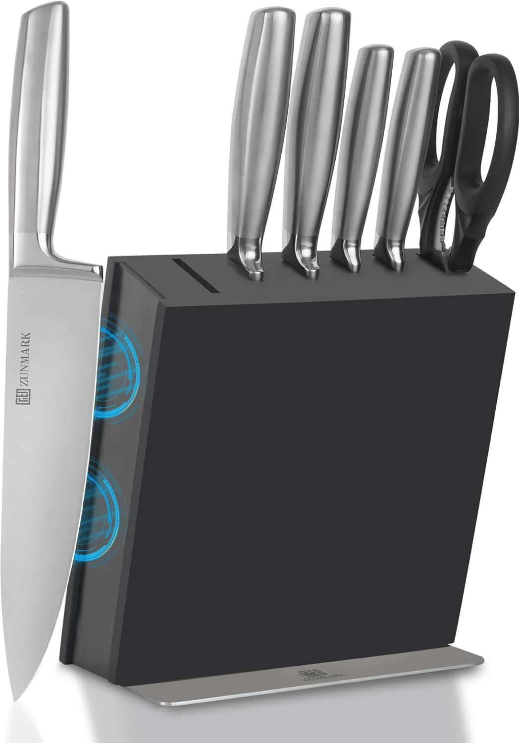 ست بلوک چاقوی مغناطیسی ZUNMARK، ست چاقوی فوق العاده تیز 7 تکه با قیچی، طراحی صرفه جویی در فضا برای آشپزخانه های خانگی و حرفه ای، نقره ای