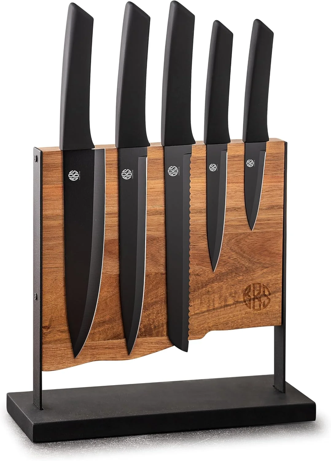 ست چاقوی آشپزخانه 5 تکه ممتاز B&S با پایه چوبی مغناطیسی، تیغه های استیل ضد زنگ مشکی، استاندارد LFGB اروپا، ZT0011