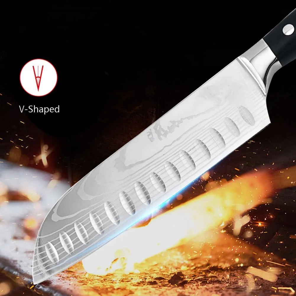 چاقوی آشپزخانه 7 اینچی فوق العاده تیز سانتوکو با فولاد 7Cr17Mov و دسته چوبی Pakkawood ارگونومیک