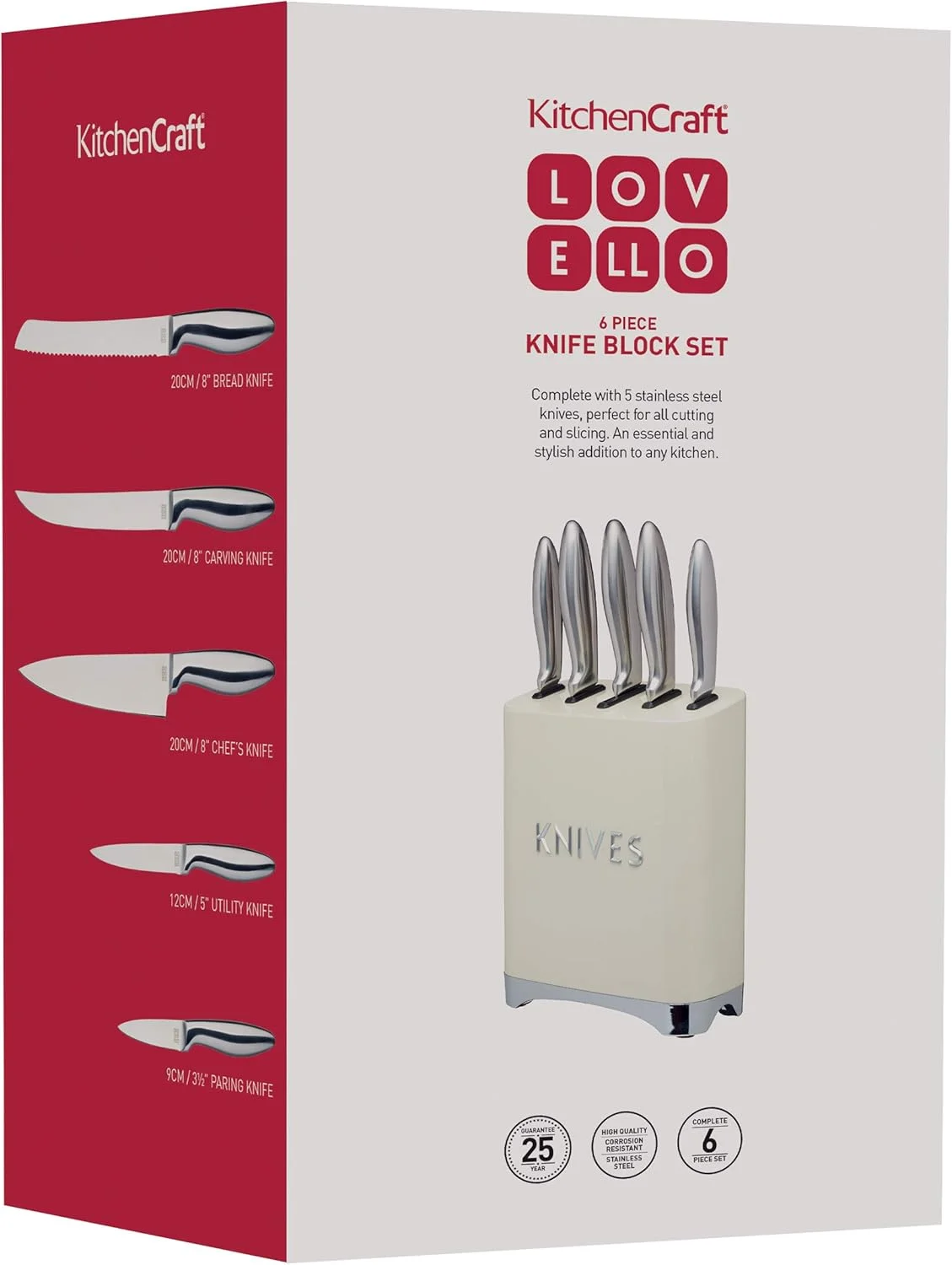 ست چاقوی 5 تکه و استند چاقوی KitchenCraft Lovello Retro، کرم وانیلی، استیل ضد زنگ