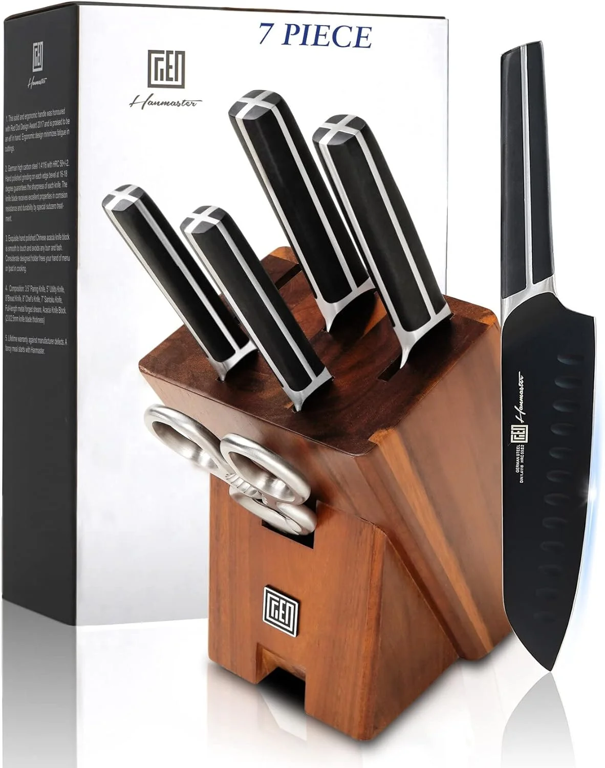 ست چاقوی آشپزخانه، ست ۷ تکه چاقوی استیل ضد زنگ آلمانی برای آشپزخانه با بلوک چوبی اقاقیا، قیچی آشپزخانه، بسته بندی شده در جعبه، مشکی شیک