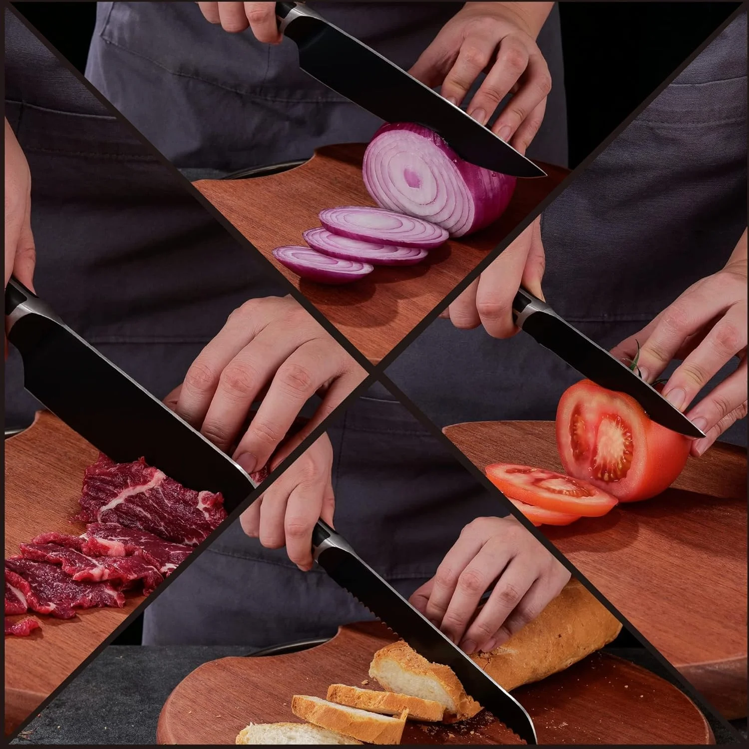 ست چاقوی آشپزخانه، ست ۷ تکه چاقوی استیل ضد زنگ آلمانی برای آشپزخانه با بلوک چوبی اقاقیا، قیچی آشپزخانه، بسته بندی شده در جعبه، مشکی شیک