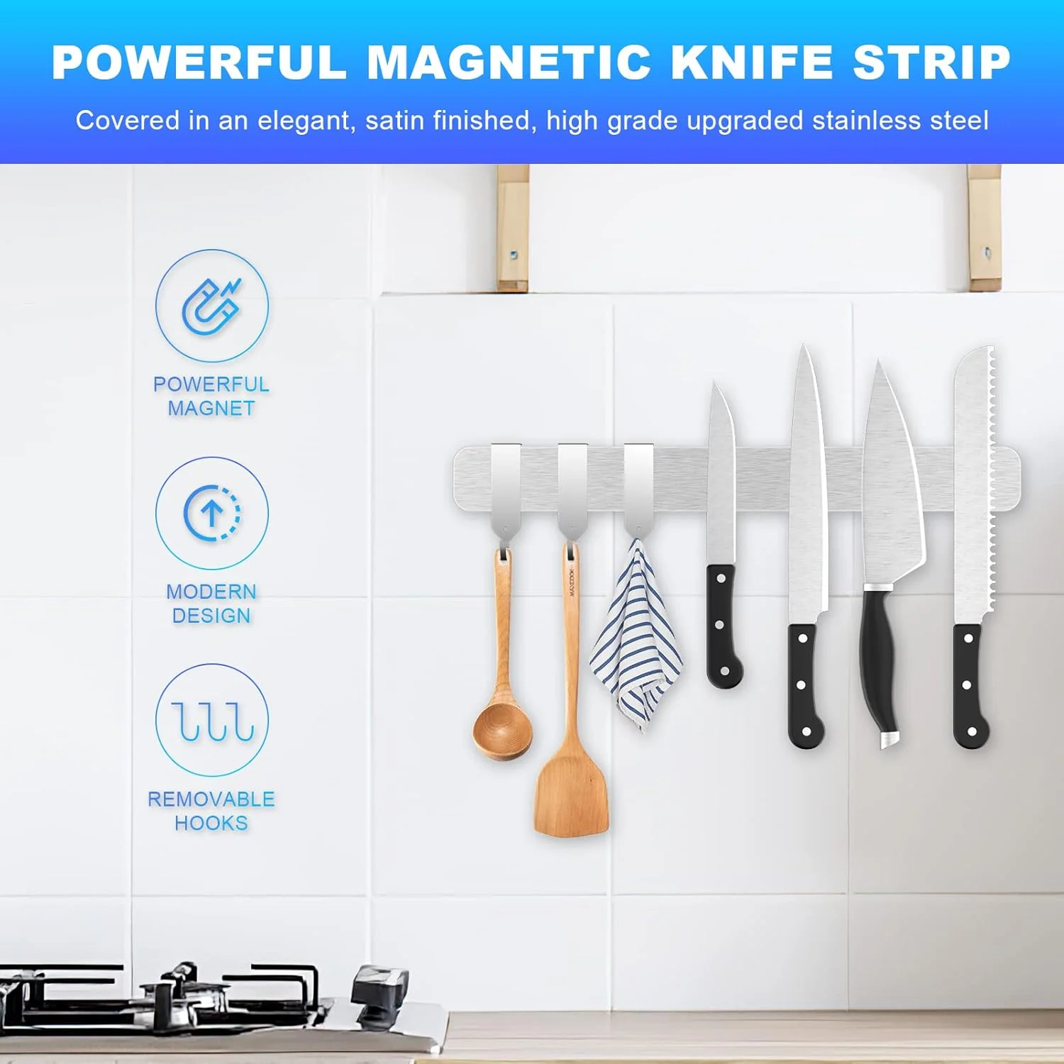 نگهدارنده مغناطیسی چاقو برای دیوار با 3 قلاب، نوار مغناطیسی چاقو 40 سانتی متری، آهنربای چاقوی آشپزخانه قوی استیل ضد زنگ، میله مغناطیسی چسبی چاقو برای ابزار آشپزخانه