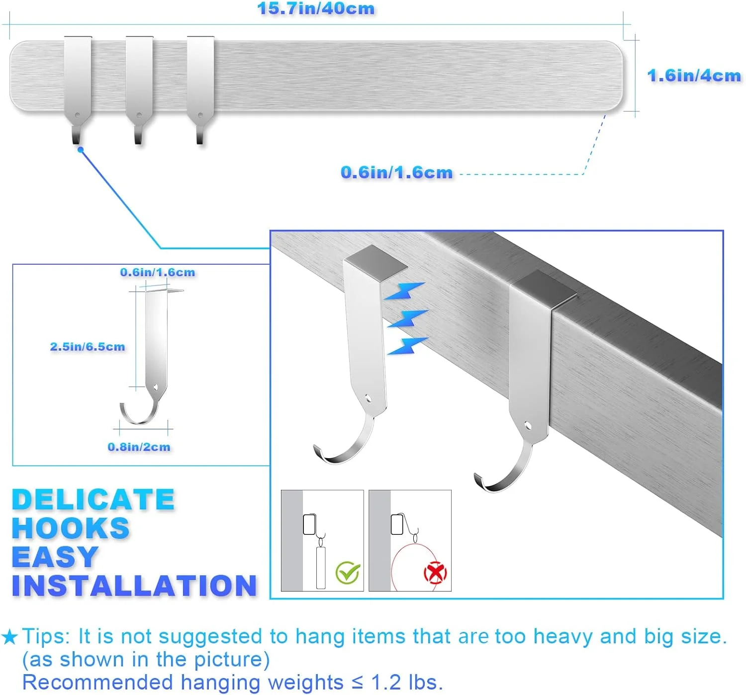 نگهدارنده مغناطیسی چاقو برای دیوار با 3 قلاب، نوار مغناطیسی چاقو 40 سانتی متری، آهنربای چاقوی آشپزخانه قوی استیل ضد زنگ، میله مغناطیسی چسبی چاقو برای ابزار آشپزخانه