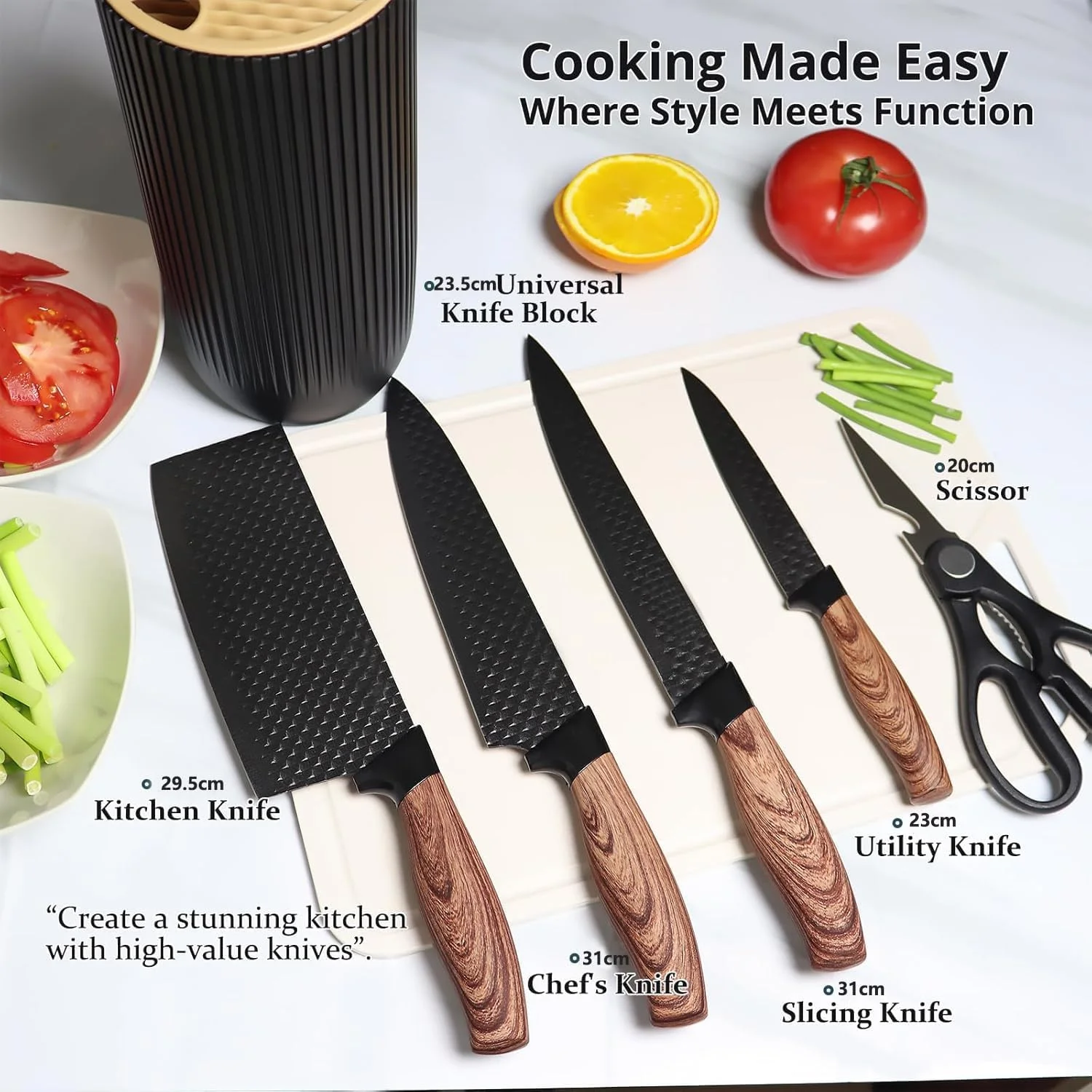 ست چاقو آشپزخانه 6 تکه، ست چاقوهای تیز مشکی چند منظوره برای آشپزخانه با بلوک، ست بلوک چاقوی سرآشپز حرفه ای، ست چاقوهای استیل ضد زنگ برای آشپزخانه