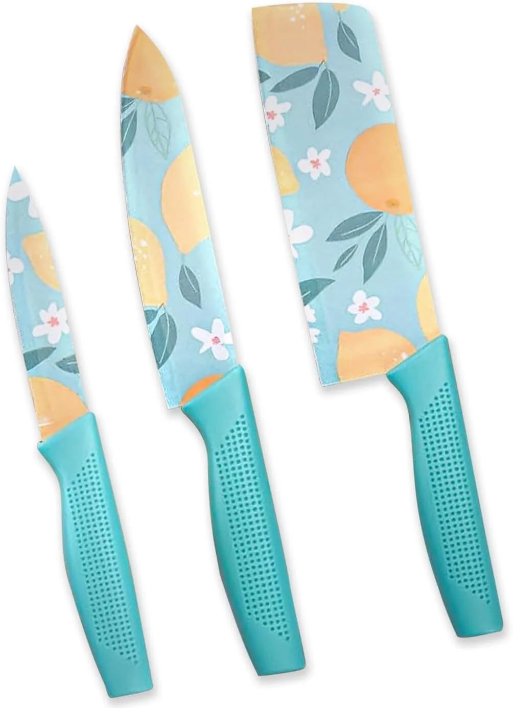 ست چاقوی آشپزخانه پانکا، 3 تکه، فولاد ضد زنگ کربن بالا با روکش رنگی چاپ شده، شامل چاقوی سرآشپز، چاقوی کاربردی و چاقوی سانتوکو با دسته ارگونومیک (آبی)