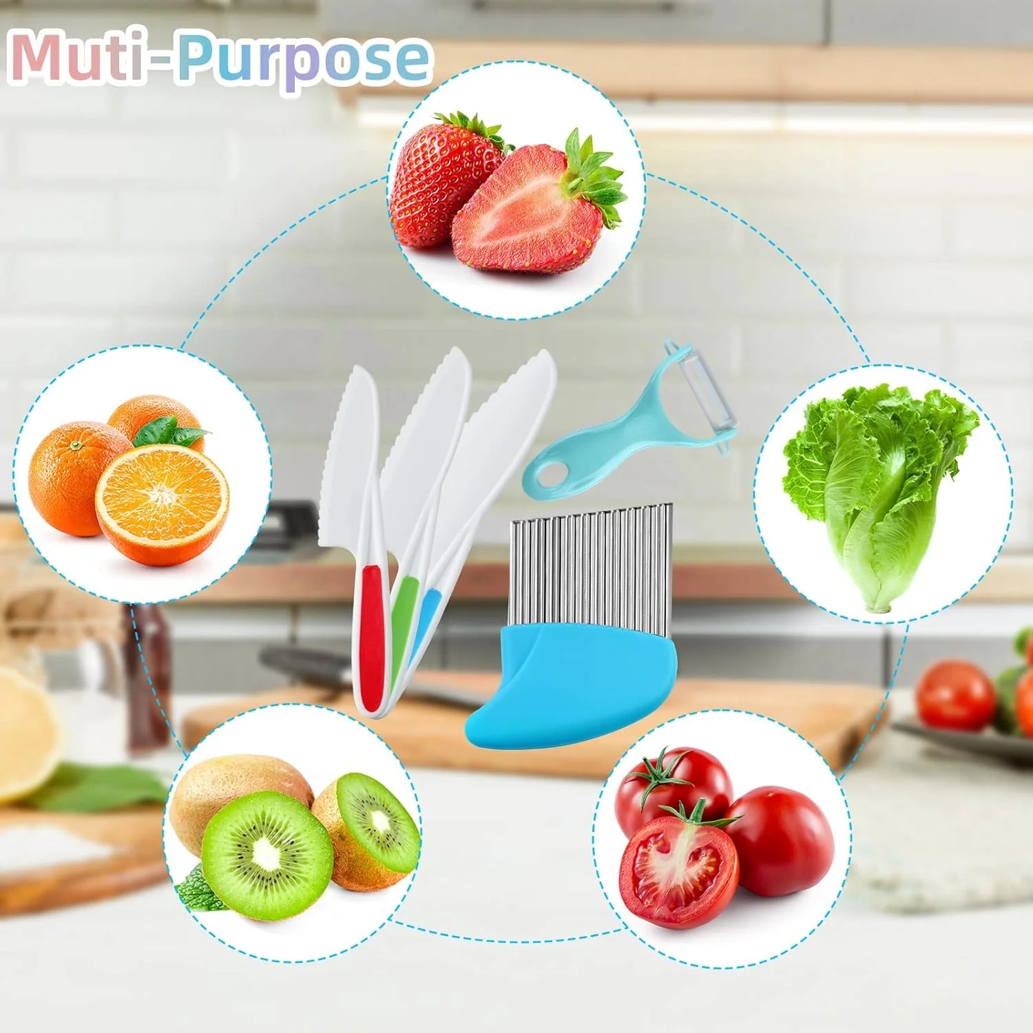 ست چاقوی کودک، چاقوی آشپزخانه پلاستیکی ایمن کودک در 3 اندازه با برش دهنده کنگره ای و پوست کن Y، چاقوی کودک برای پخت و پز واقعی، خرد کردن نان، سبزیجات، میوه ها، سالاد، کیک (5 تکه)