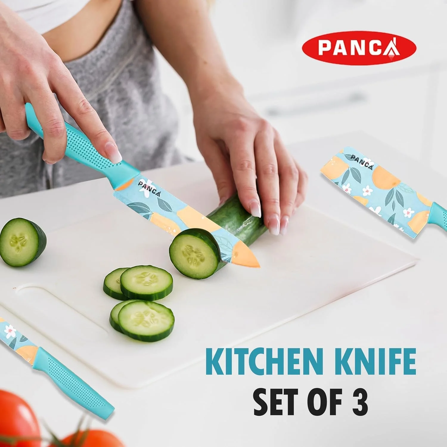 ست چاقوی آشپزخانه پانکا، 3 تکه، فولاد ضد زنگ کربن بالا با روکش رنگی چاپ شده، شامل چاقوی سرآشپز، چاقوی کاربردی و چاقوی سانتوکو با دسته ارگونومیک (آبی)