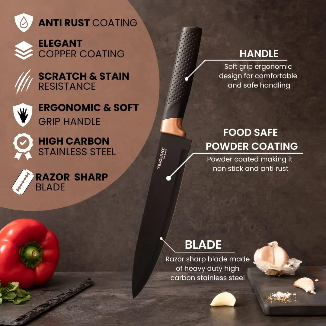 ست چاقوی آشپزخانه 5 تکه نوووا، ست چاقوهای آشپزخانه استیل ضد زنگ با روکش محافظ، ست چاقوهای سرآشپز با روکش تیتانیوم برای آشپزخانه، مشکی