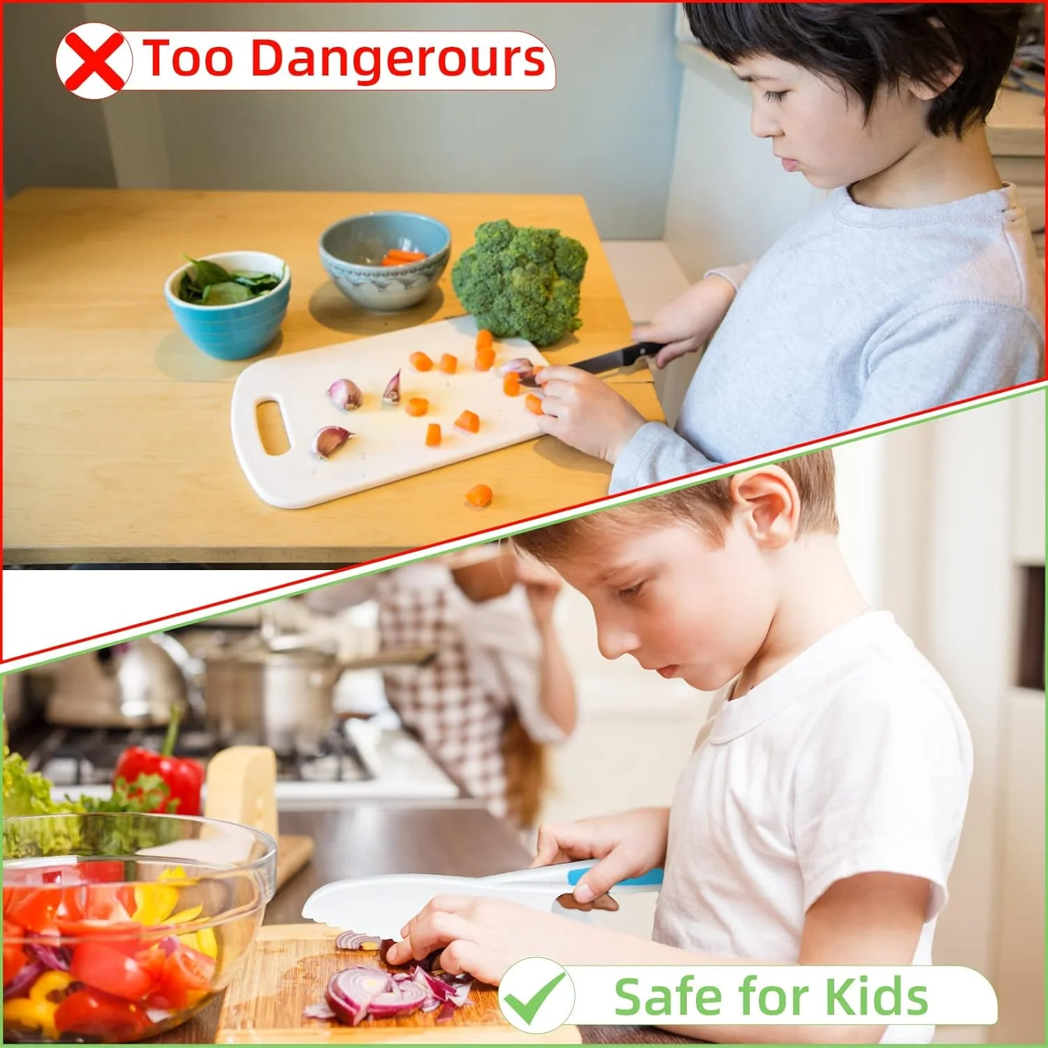 ست چاقوی کودک، چاقوی آشپزخانه پلاستیکی ایمن کودک در 3 اندازه با برش دهنده کنگره ای و پوست کن Y، چاقوی کودک برای پخت و پز واقعی، خرد کردن نان، سبزیجات، میوه ها، سالاد، کیک (5 تکه)