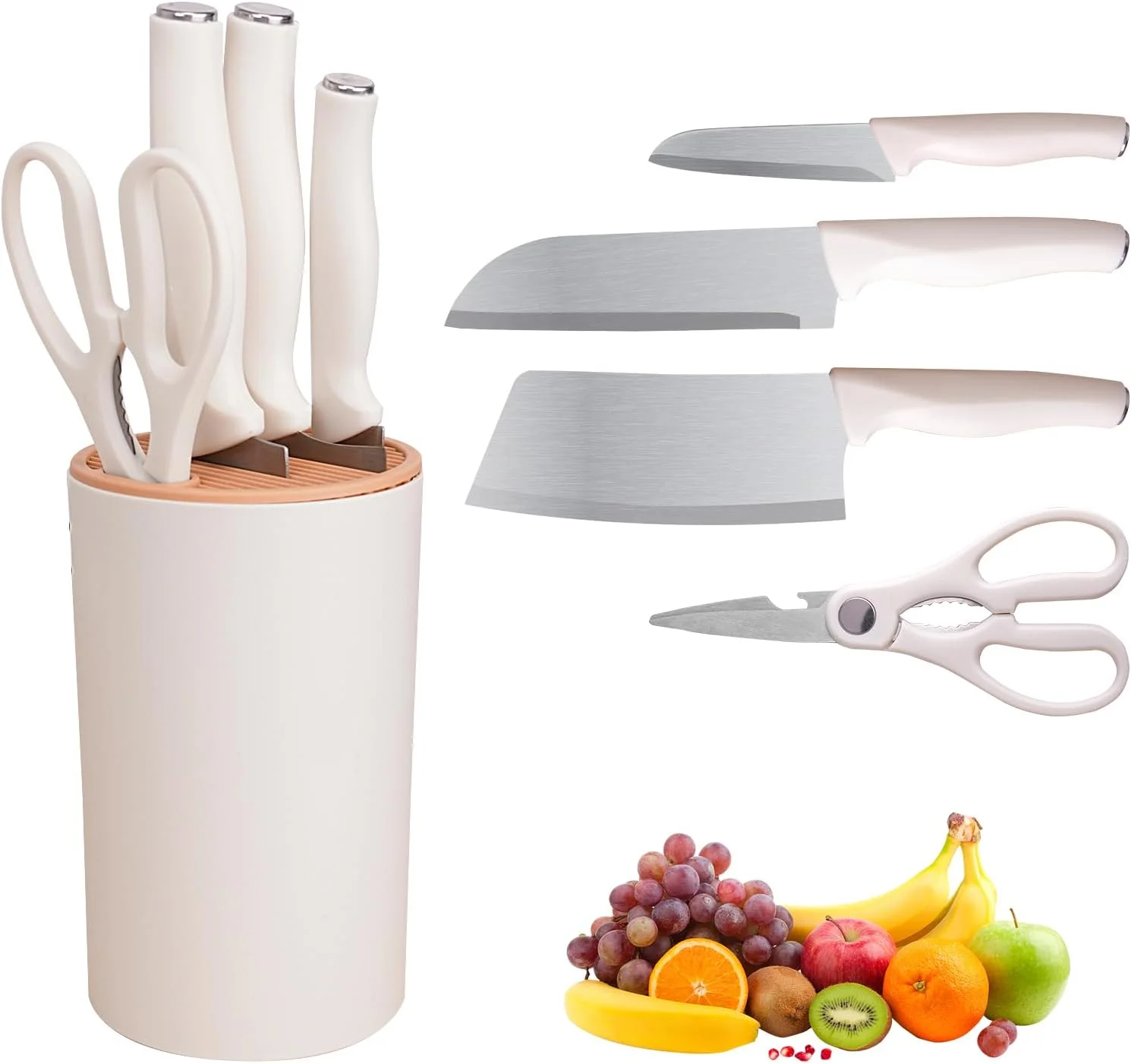 ست چاقوی آشپزخانه PEDOOD، ست 5 تکه چاقوی استیل ضد زنگ با پایه، ست چاقوی آشپزخانه سفید با کربن بالا و دسته ارگونومیک برای خرد کردن، برش دادن، قیمه کردن، قاچ کردن و پوست کندن (سفید)