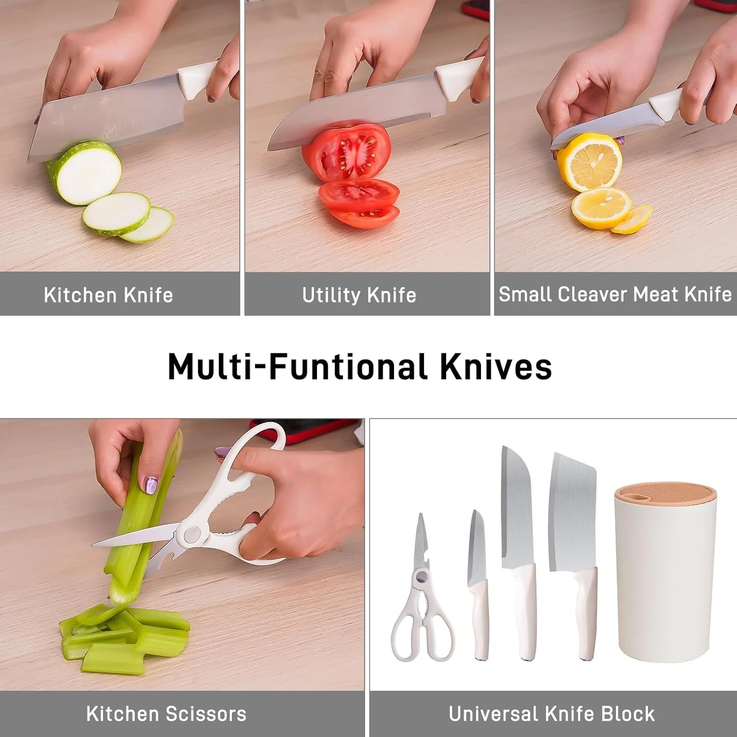 ست چاقوی آشپزخانه PEDOOD، ست 5 تکه چاقوی استیل ضد زنگ با پایه، ست چاقوی آشپزخانه سفید با کربن بالا و دسته ارگونومیک برای خرد کردن، برش دادن، قیمه کردن، قاچ کردن و پوست کندن (سفید) ست چاقوی آشپزخانه PEDOOD، ست 5 تکه چاقوی استیل ضد زنگ با پایه، ست چاقوی آشپزخانه سفید با کربن بالا و دسته ارگونومیک برای خرد کردن، برش دادن، قیمه کردن، قاچ کردن و پوست کندن (سفید)