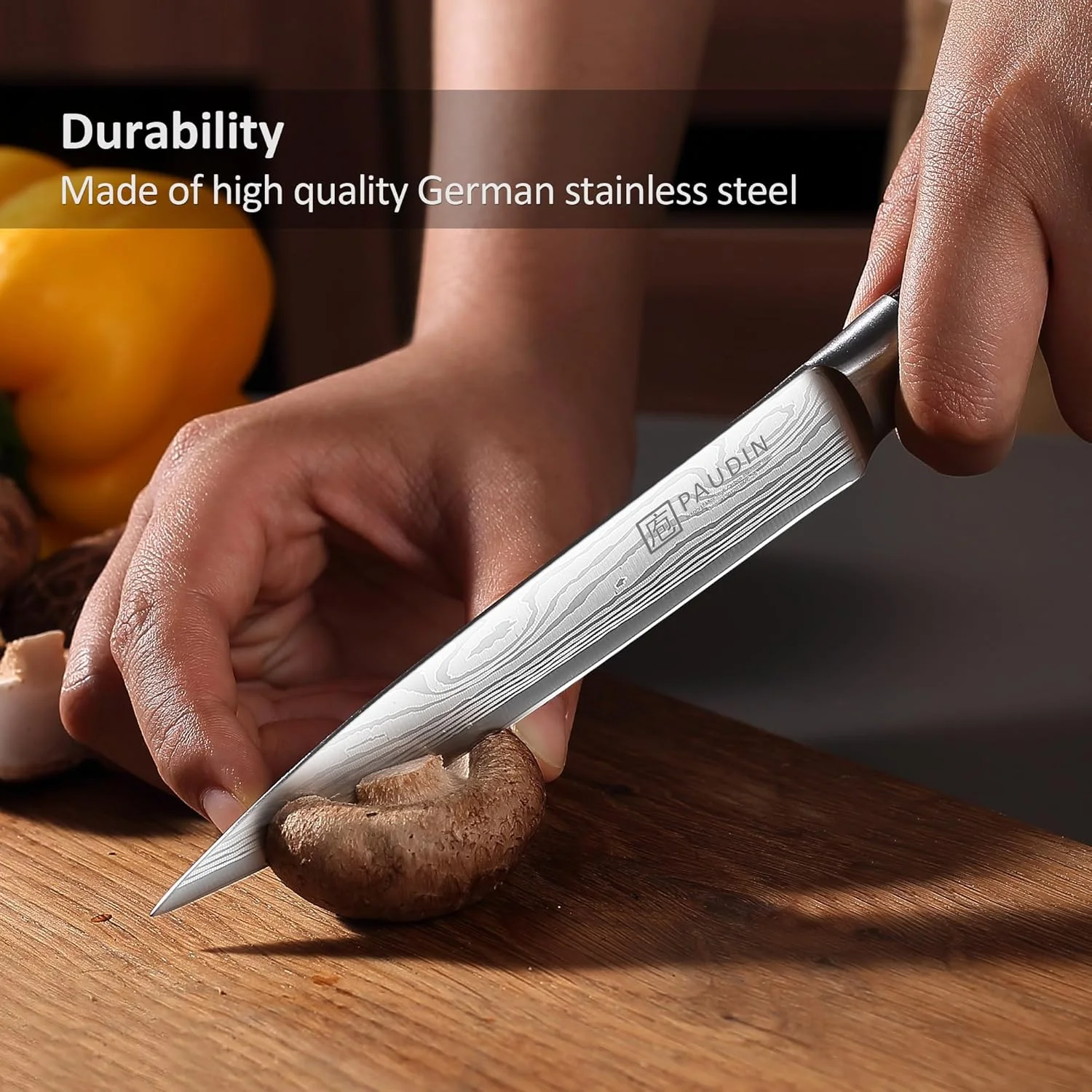 چاقوی پوست‌کنی حرفه‌ای آشپز PAUDIN - تیغه فولاد ضد زنگ کربنی فوق‌العاده تیز 13 سانتی‌متری، دسته چوبی ارگونومیک برای میوه‌ها و سبزیجات - ایده‌آل برای آشپزخانه‌های خانگی امارات و هدیه دادن (جعبه هدیه شیک)