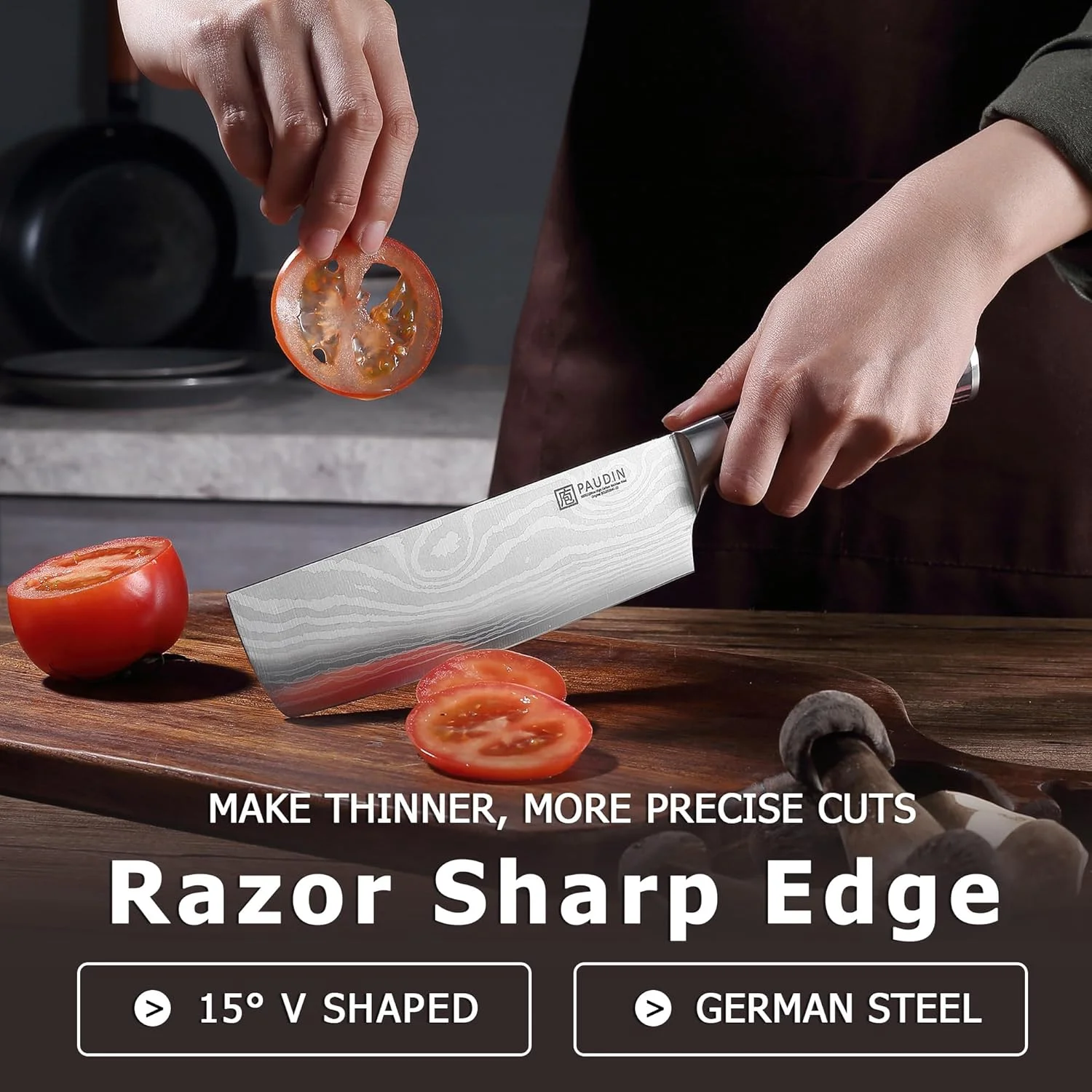 چاقوی ناکیری PAUDIN - ساطور تیز 7 اینچی، چاقوی سبزیجات و خردکن، فولاد ضد زنگ کربن بالا، چاقوی آشپز آسیایی چند منظوره برای خانه و آشپزخانه با دسته ارگونومیک