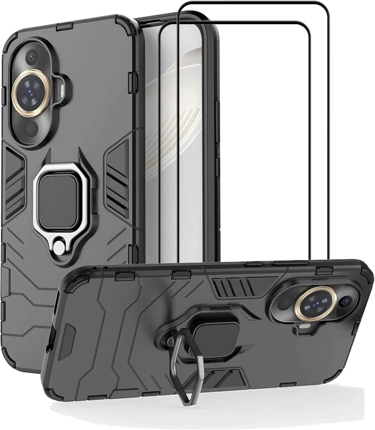 قاب محافظ ایستاده EasyLifeGo برای هوآوی نوا 11 / هوآوی نوا 12s به همراه محافظ صفحه نمایش شیشه ای حرارت دیده [2 عدد]، قاب محافظ دو لایه ضد خش و مقاوم، مشکی