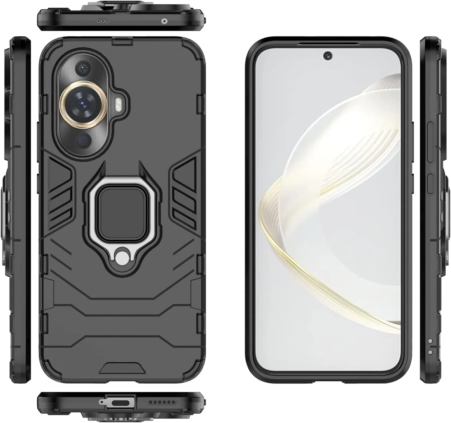 قاب محافظ ایستاده EasyLifeGo برای هوآوی نوا 11 / هوآوی نوا 12s به همراه محافظ صفحه نمایش شیشه ای حرارت دیده [2 عدد]، قاب محافظ دو لایه ضد خش و مقاوم، مشکی