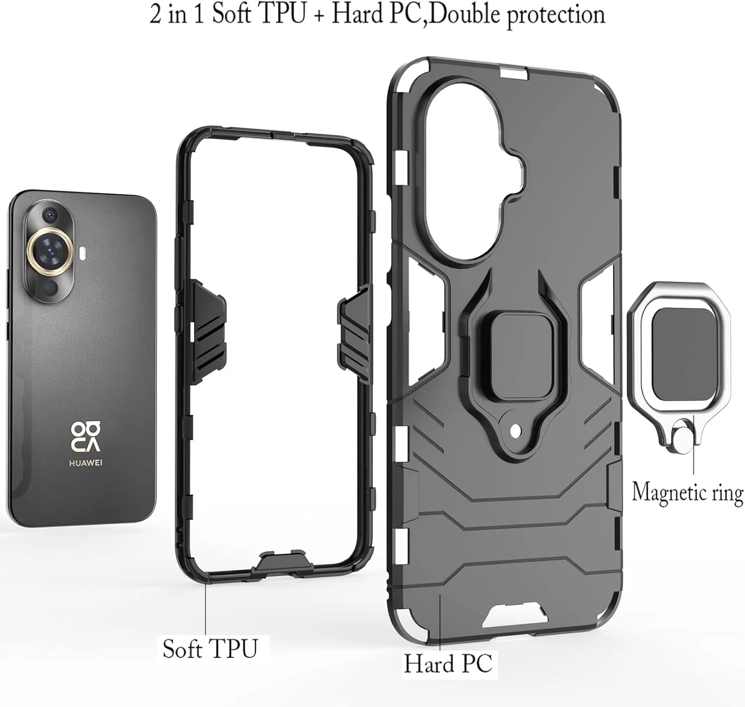 قاب محافظ ایستاده EasyLifeGo برای هوآوی نوا 11 / هوآوی نوا 12s به همراه محافظ صفحه نمایش شیشه ای حرارت دیده [2 عدد]، قاب محافظ دو لایه ضد خش و مقاوم، مشکی