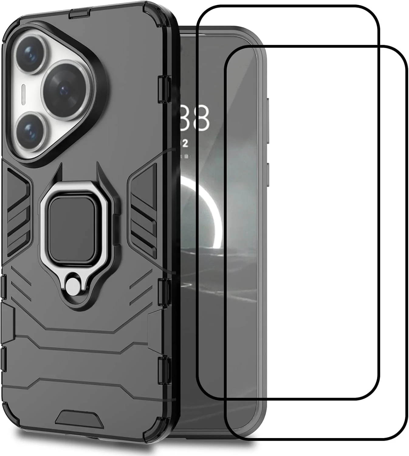 کاور گوشی لوکیون مدل [1+2pcs] سازگار با هوآوی Pura 70 Pro به همراه محافظ صفحه نمایش شیشه ای حرارت دیده، کاور محافظتی دو لایه مقاوم در برابر ضربه با پایه انگشتی مغناطیسی تاشو (مشکی)