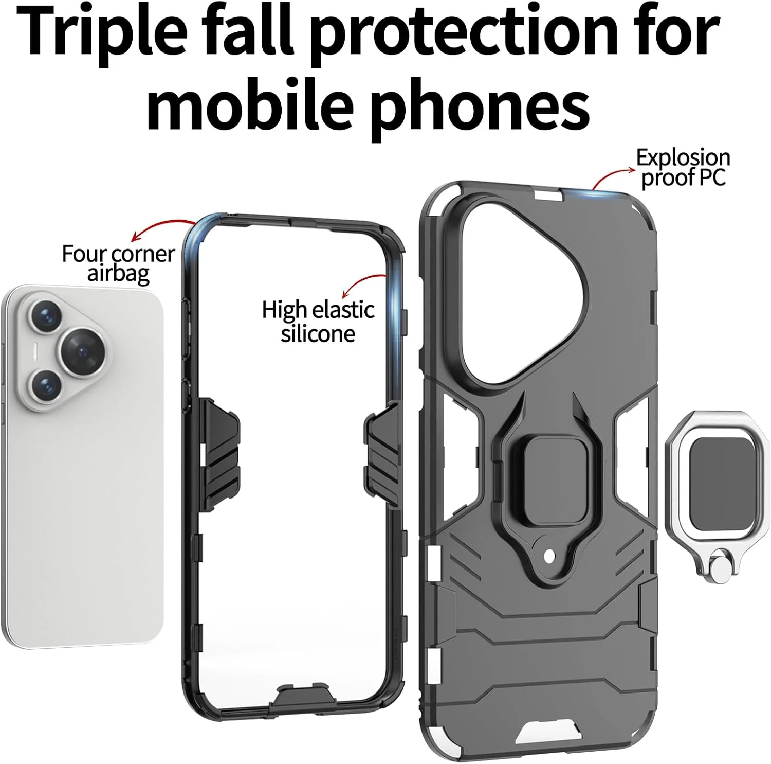 کاور گوشی لوکیون مدل [1+2pcs] سازگار با هوآوی Pura 70 Pro به همراه محافظ صفحه نمایش شیشه ای حرارت دیده، کاور محافظتی دو لایه مقاوم در برابر ضربه با پایه انگشتی مغناطیسی تاشو (مشکی)